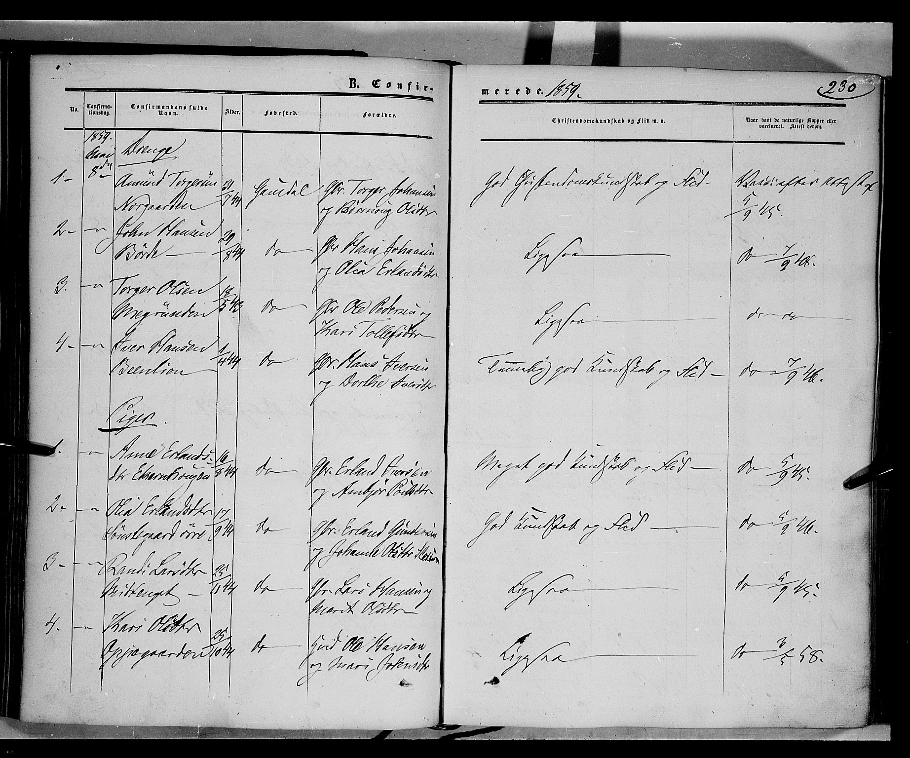 Gausdal prestekontor, AV/SAH-PREST-090/H/Ha/Haa/L0008: Parish register (official) no. 8, 1850-1861, p. 230