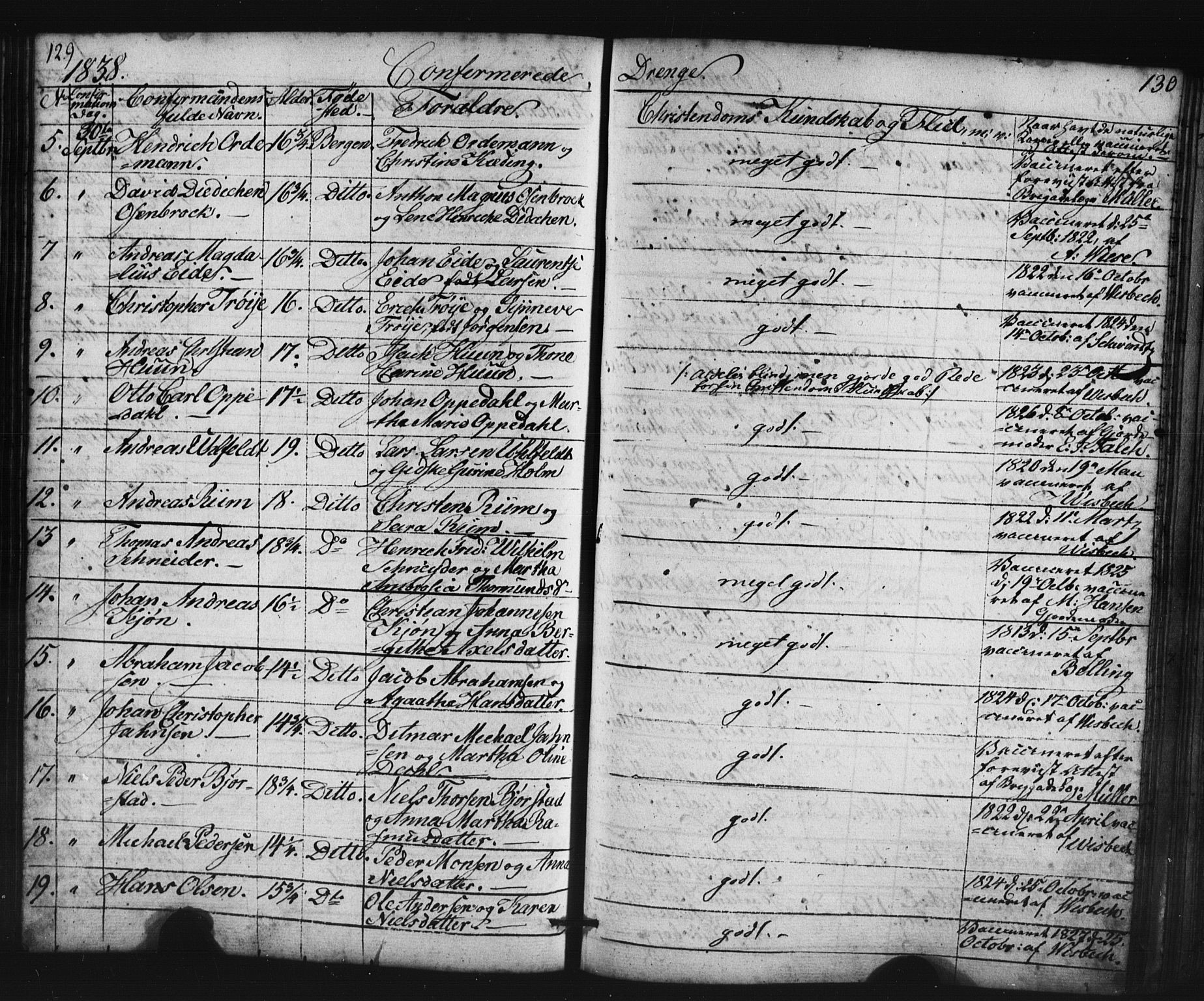 Domkirken sokneprestembete, AV/SAB-A-74801/H/Haa/L0063: Curate's parish register no. A 1, 1821-1848, p. 129-130