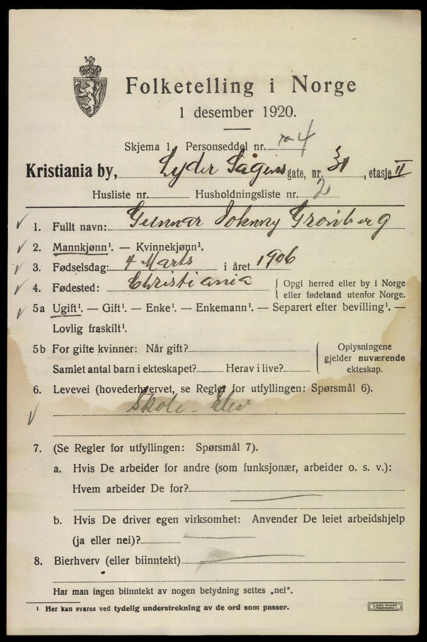 SAO, 1920 census for Kristiania, 1920, p. 366927