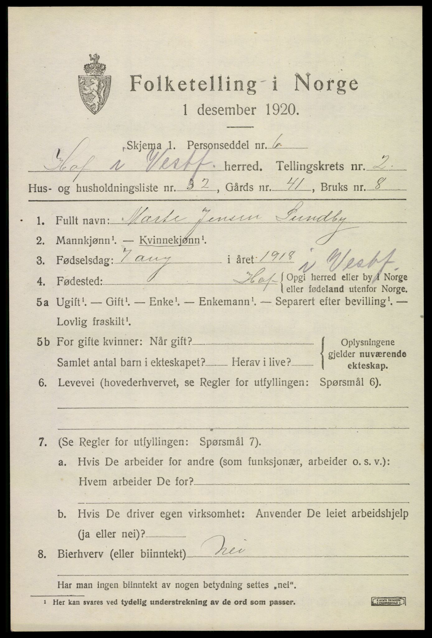 SAKO, 1920 census for Hof, 1920, p. 2725