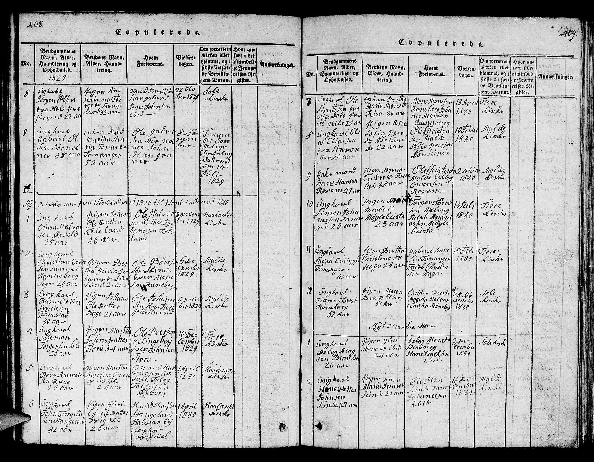 Håland sokneprestkontor, AV/SAST-A-101802/001/30BB/L0001: Parish register (copy) no. B 1, 1815-1845, p. 408-409