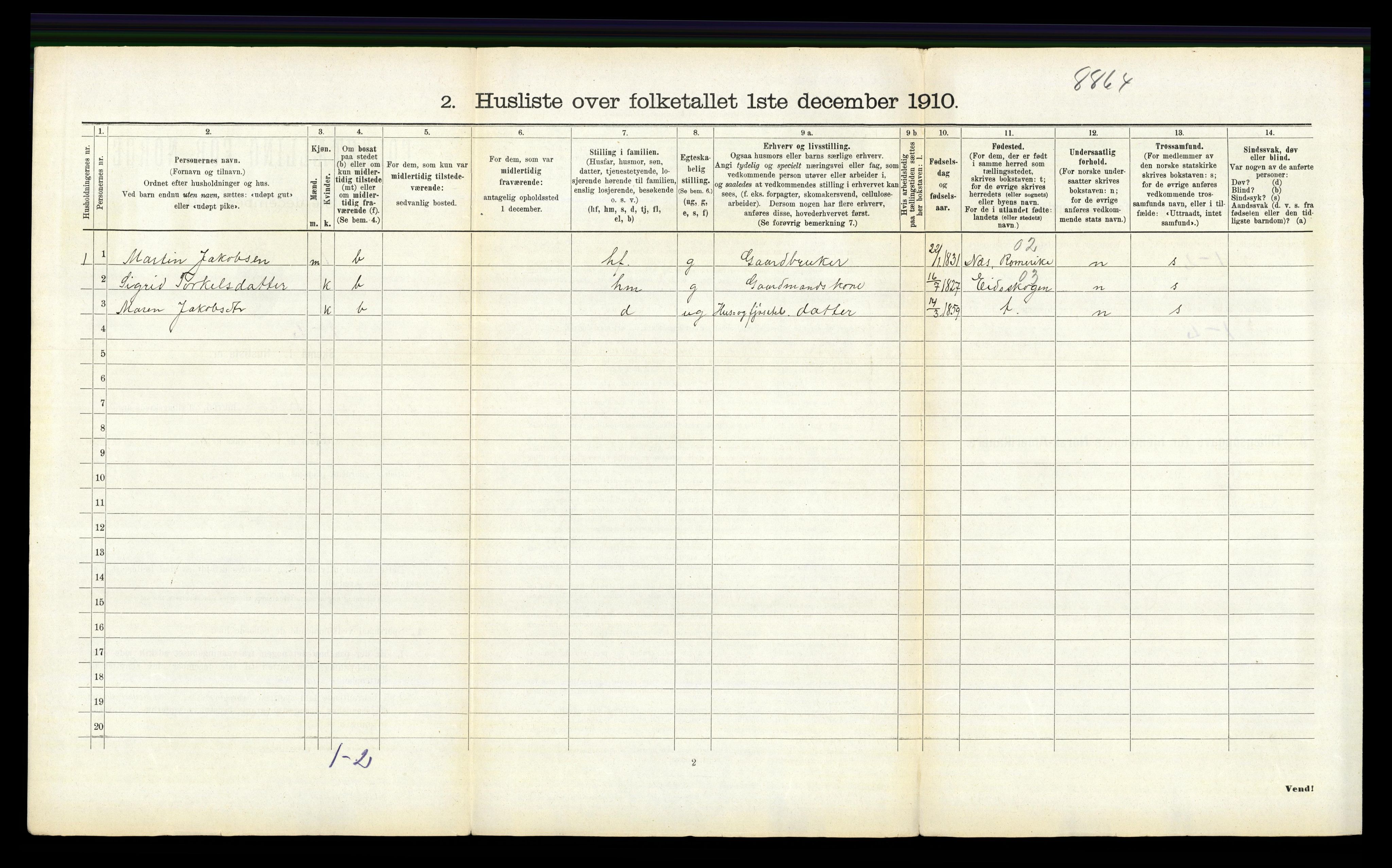 RA, 1910 census for Aurskog, 1910, p. 1312