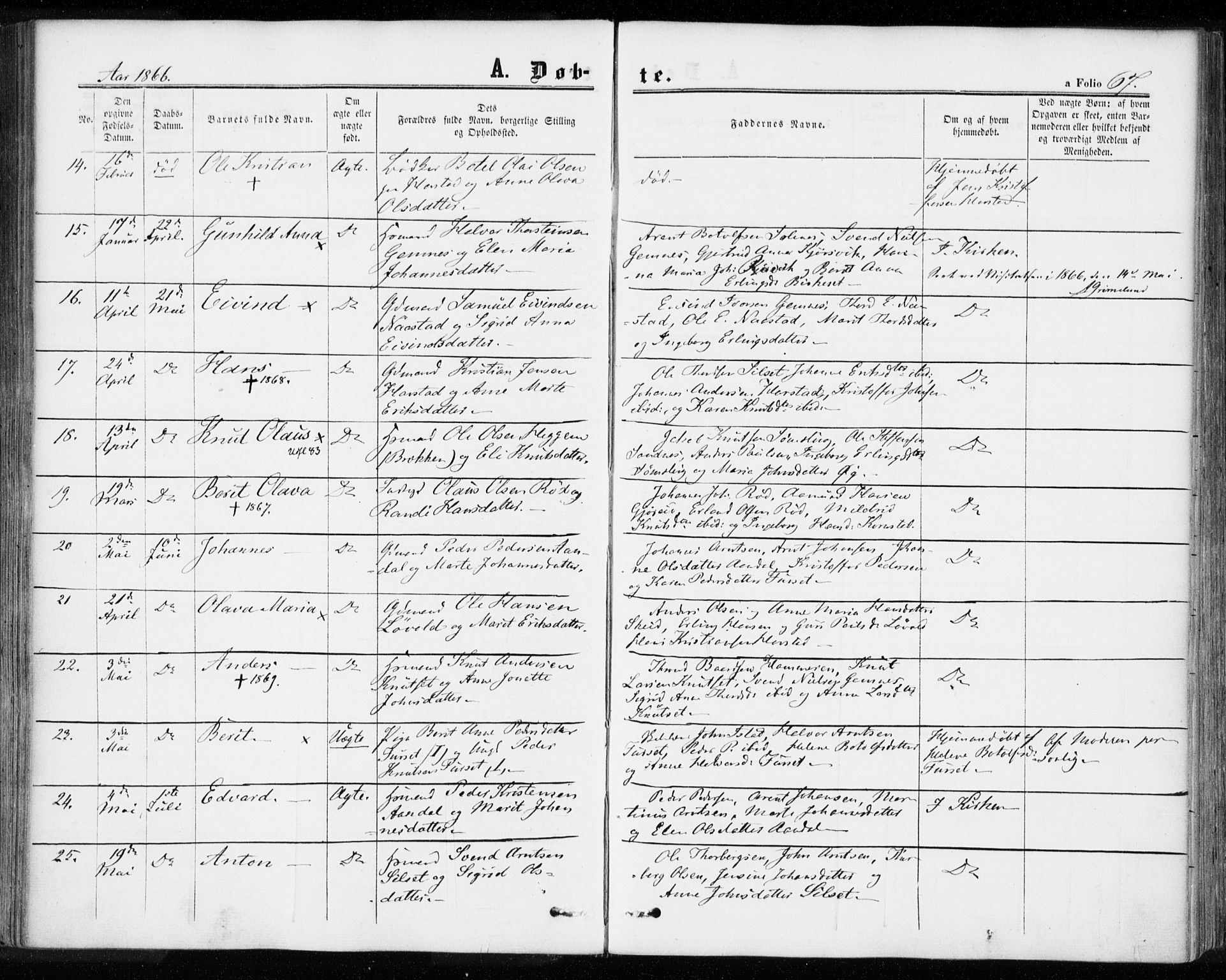 Ministerialprotokoller, klokkerbøker og fødselsregistre - Møre og Romsdal, SAT/A-1454/584/L0965: Parish register (official) no. 584A05, 1857-1868, p. 67