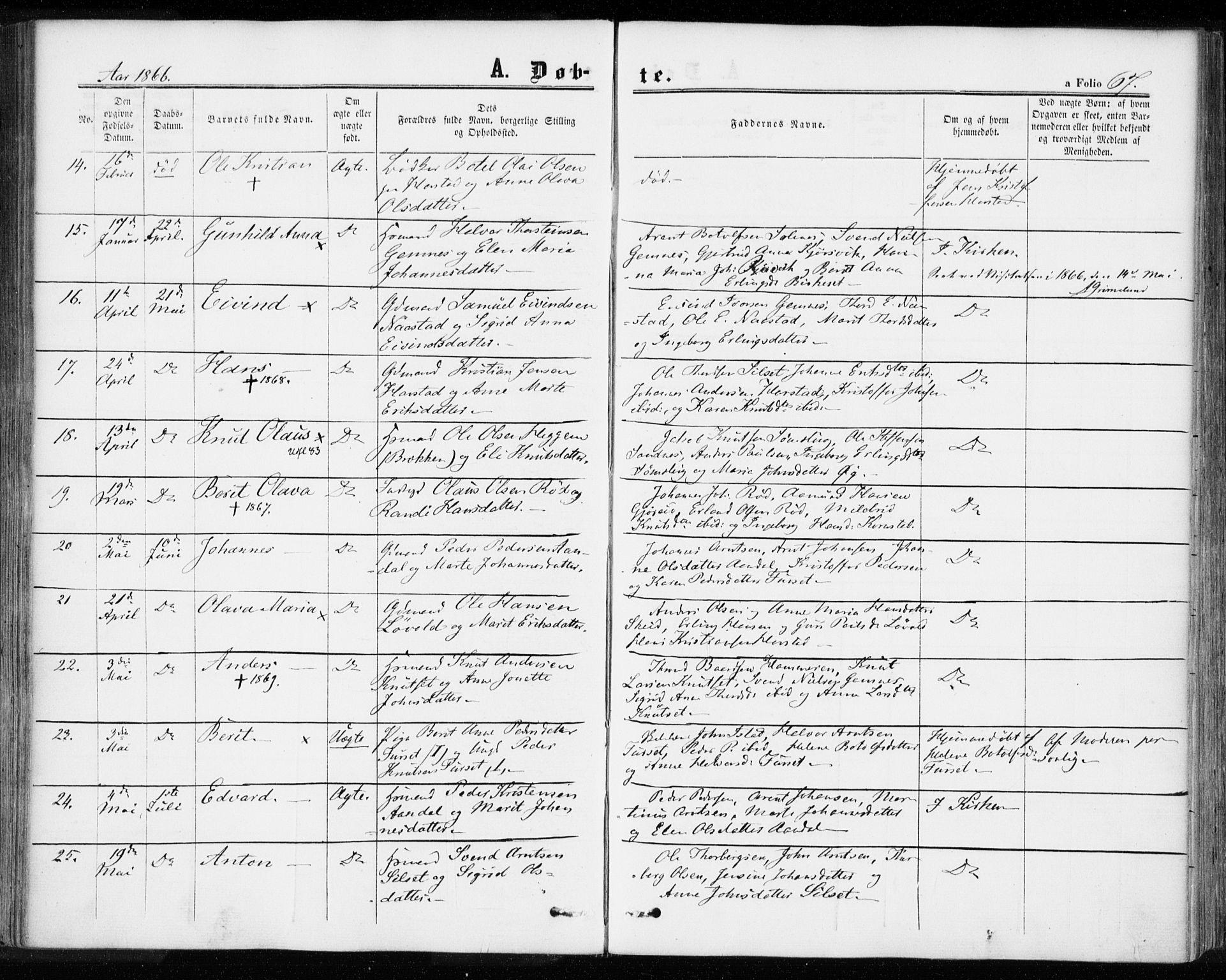 Ministerialprotokoller, klokkerbøker og fødselsregistre - Møre og Romsdal, AV/SAT-A-1454/584/L0965: Parish register (official) no. 584A05, 1857-1868, p. 67