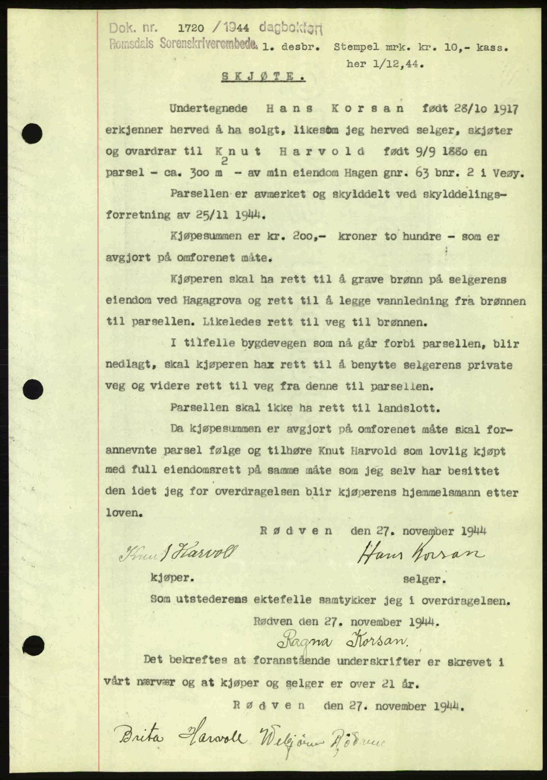 Romsdal sorenskriveri, AV/SAT-A-4149/1/2/2C: Mortgage book no. A17, 1944-1945, Diary no: : 1720/1944