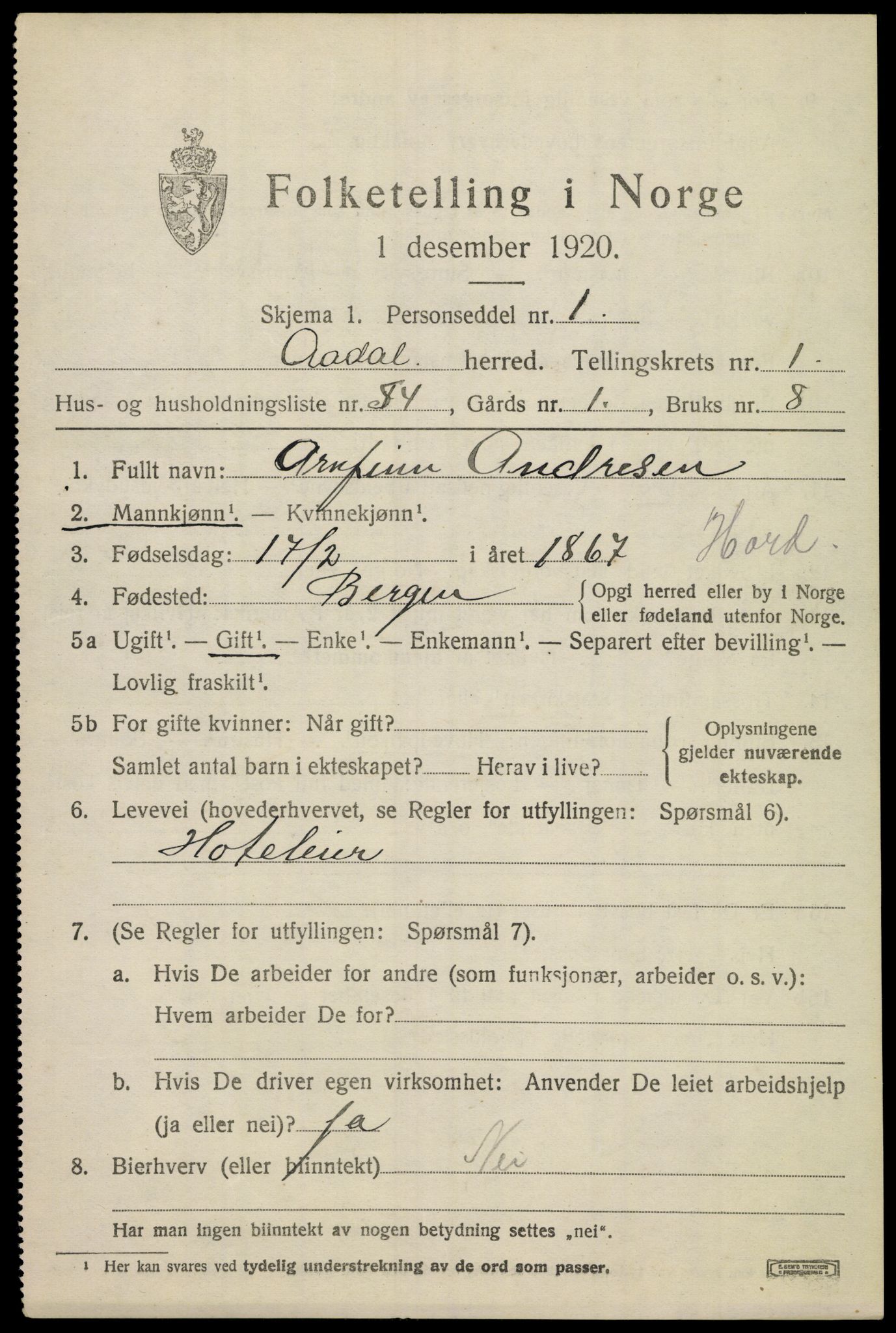 SAKO, 1920 census for Ådal, 1920, p. 2046