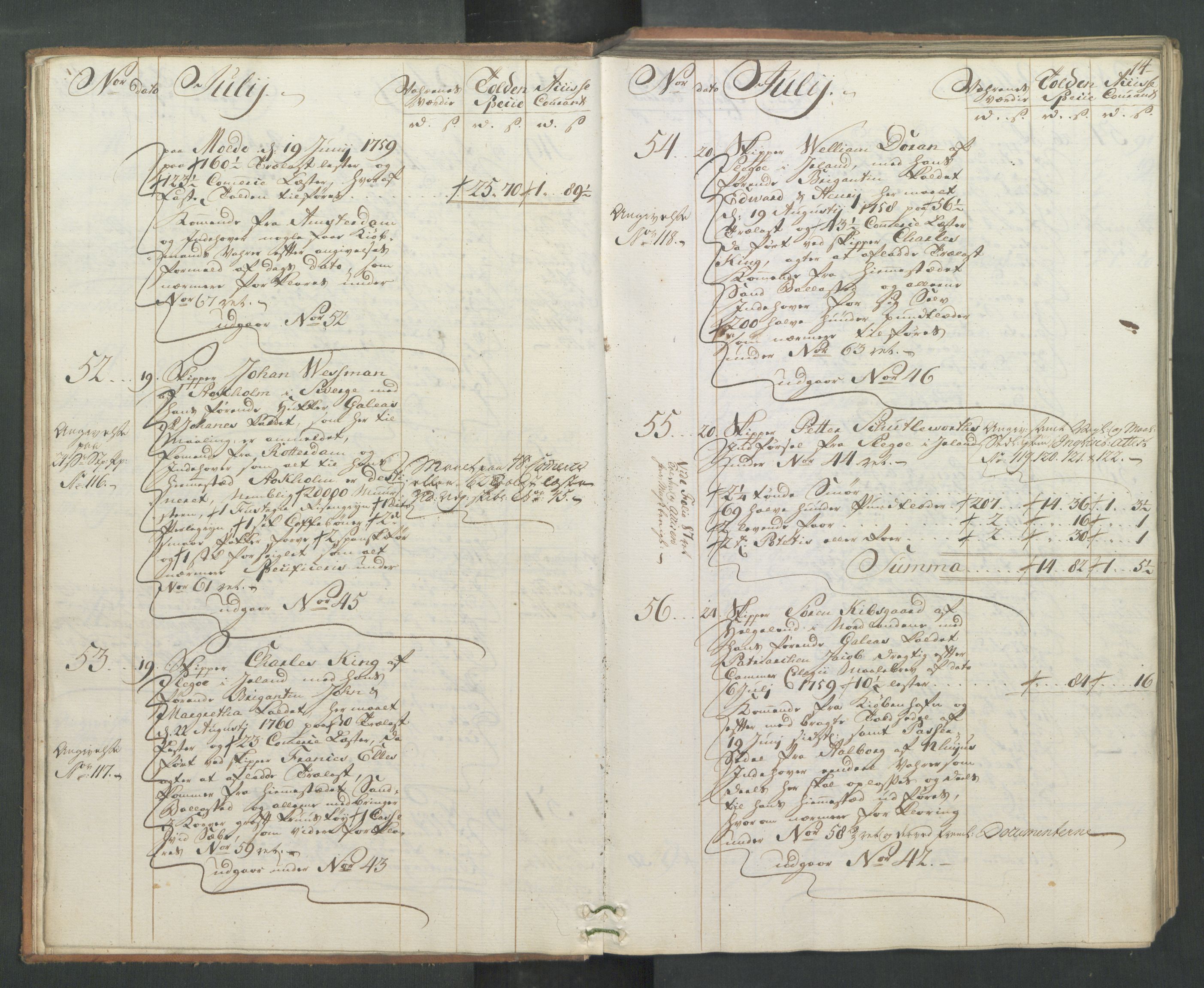 Generaltollkammeret, tollregnskaper, AV/RA-EA-5490/R32/L0019/0001: Tollregnskaper Kristiansund / Hovedtollbok, 1762, p. 13b-14a