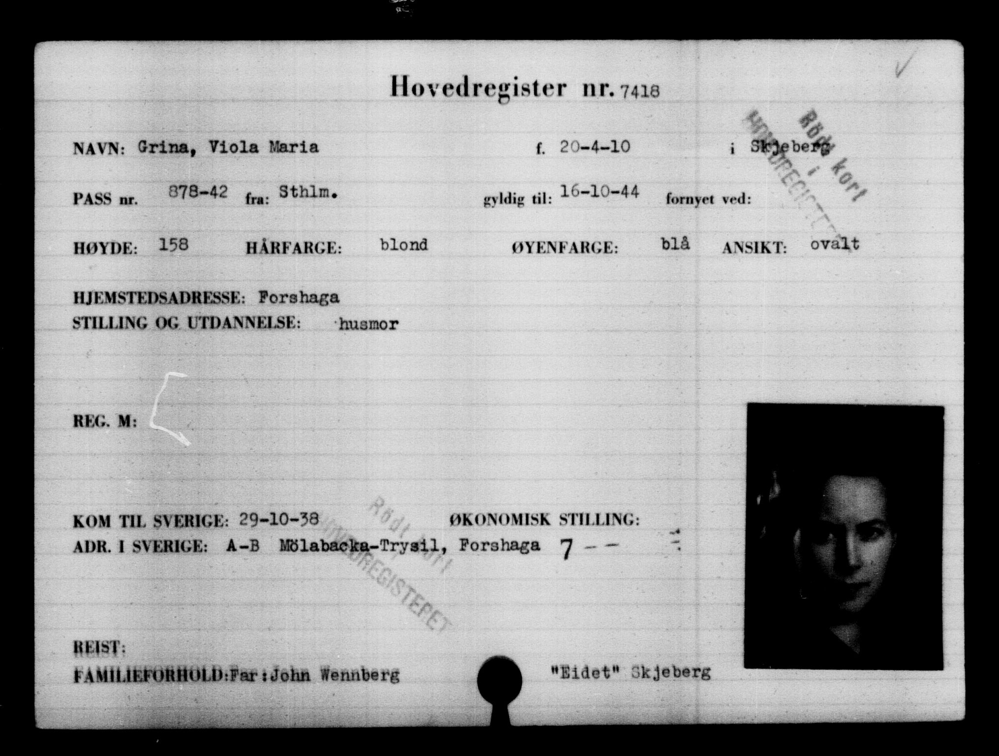 Utenriksstasjonene, Legasjonen i Stockholm, Flyktningkontoret, AV/RA-S-6753/V/Va/L0005: Kjesäterkartoteket, flyktninger med registreringsnr. 6600-9417, 1940-1945, p. 960