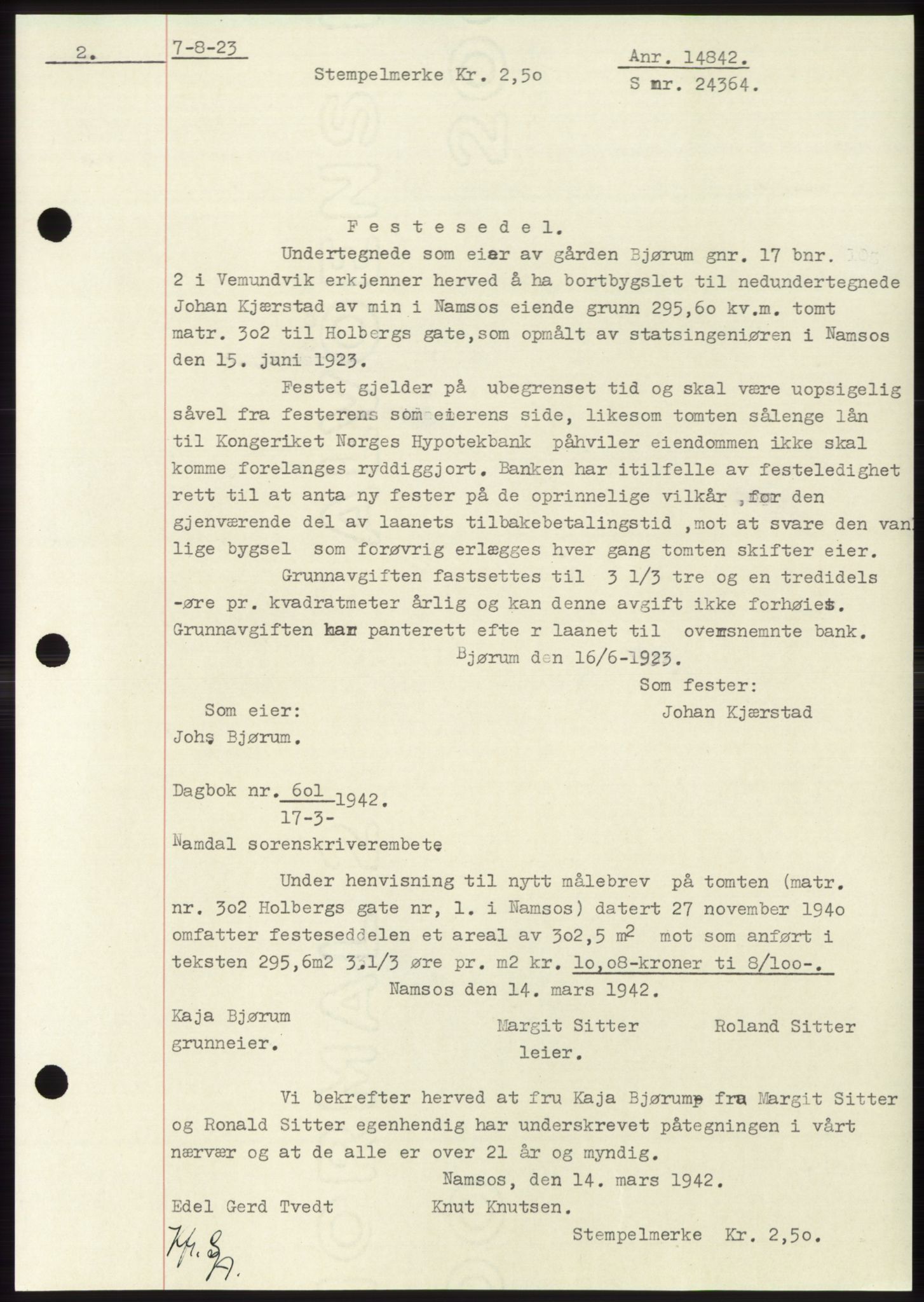 Namdal sorenskriveri, SAT/A-4133/1/2/2C: Mortgage book no. -, 1922-1925, Deed date: 07.08.1923