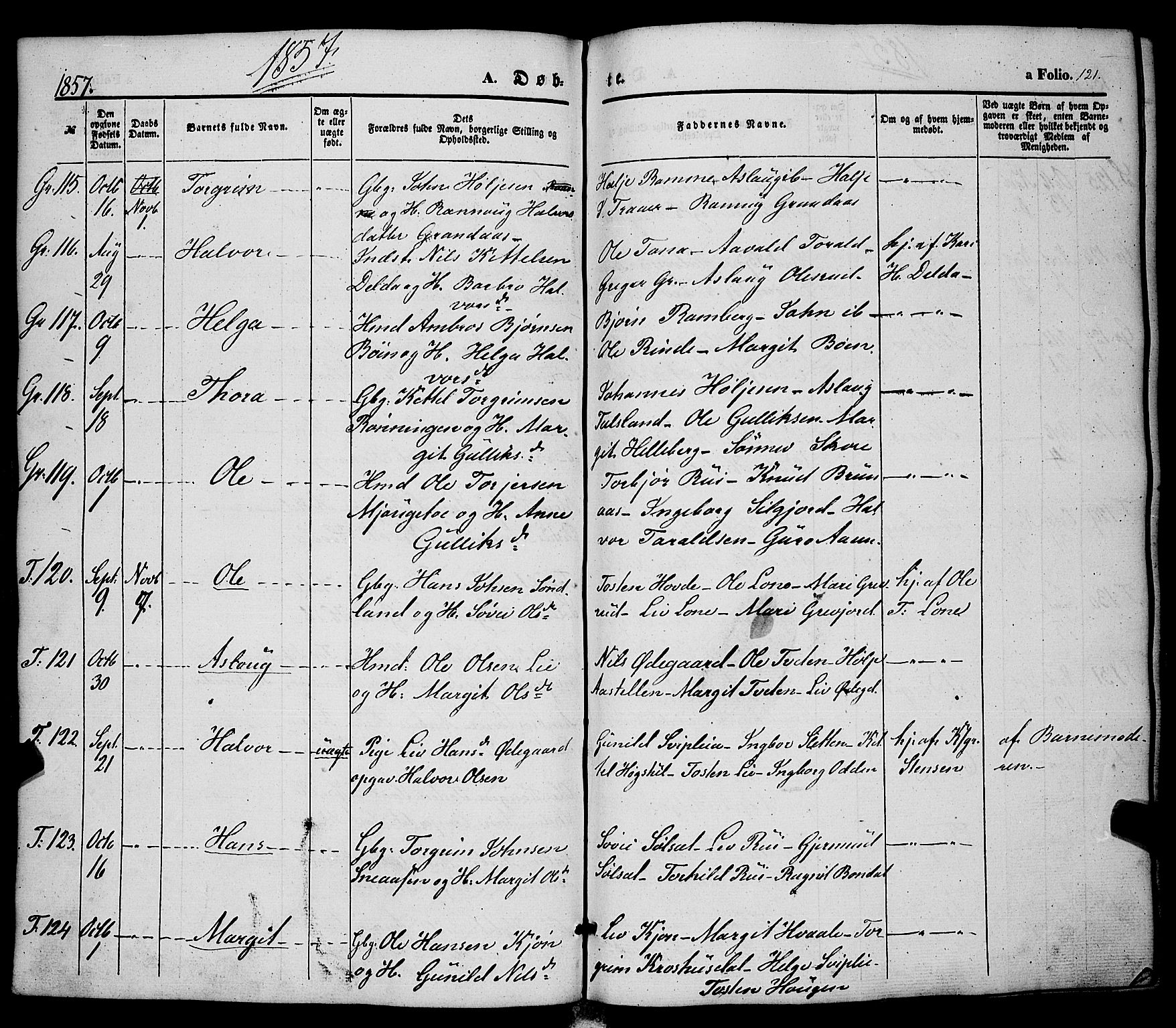 Hjartdal kirkebøker, AV/SAKO-A-270/F/Fa/L0008: Parish register (official) no. I 8, 1844-1859, p. 121