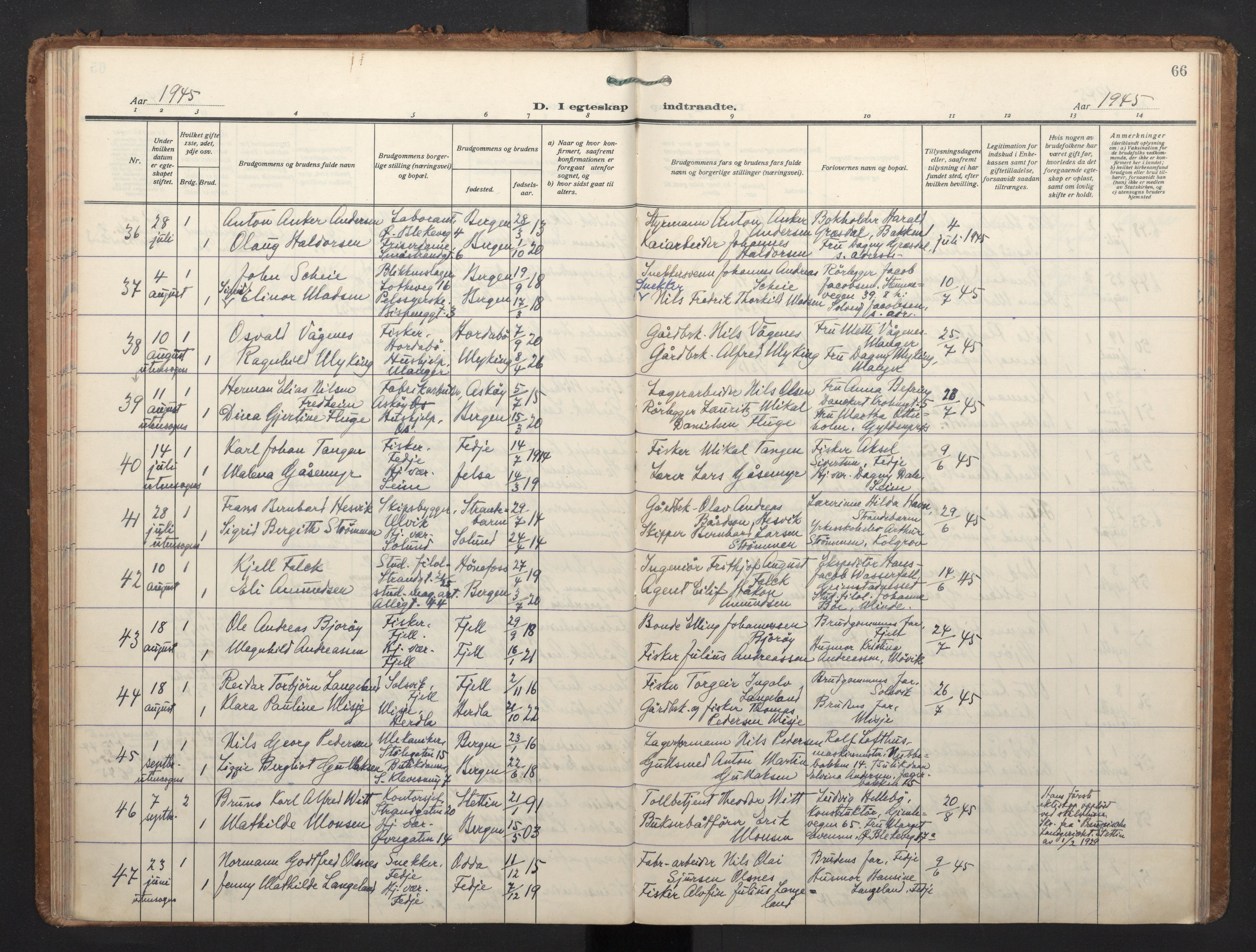 Korskirken sokneprestembete, AV/SAB-A-76101/H/Haa/L0040: Parish register (official) no. D 7, 1938-1952, p. 65b-66a