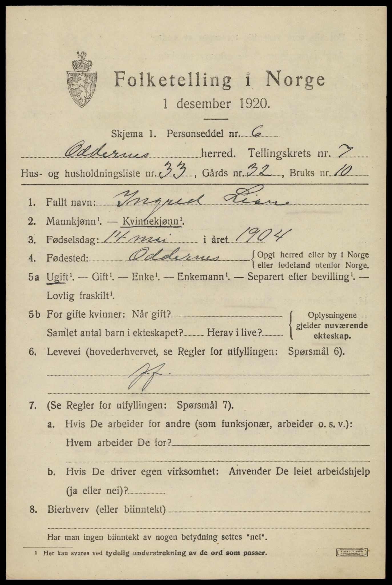 SAK, 1920 census for Oddernes, 1920, p. 5563