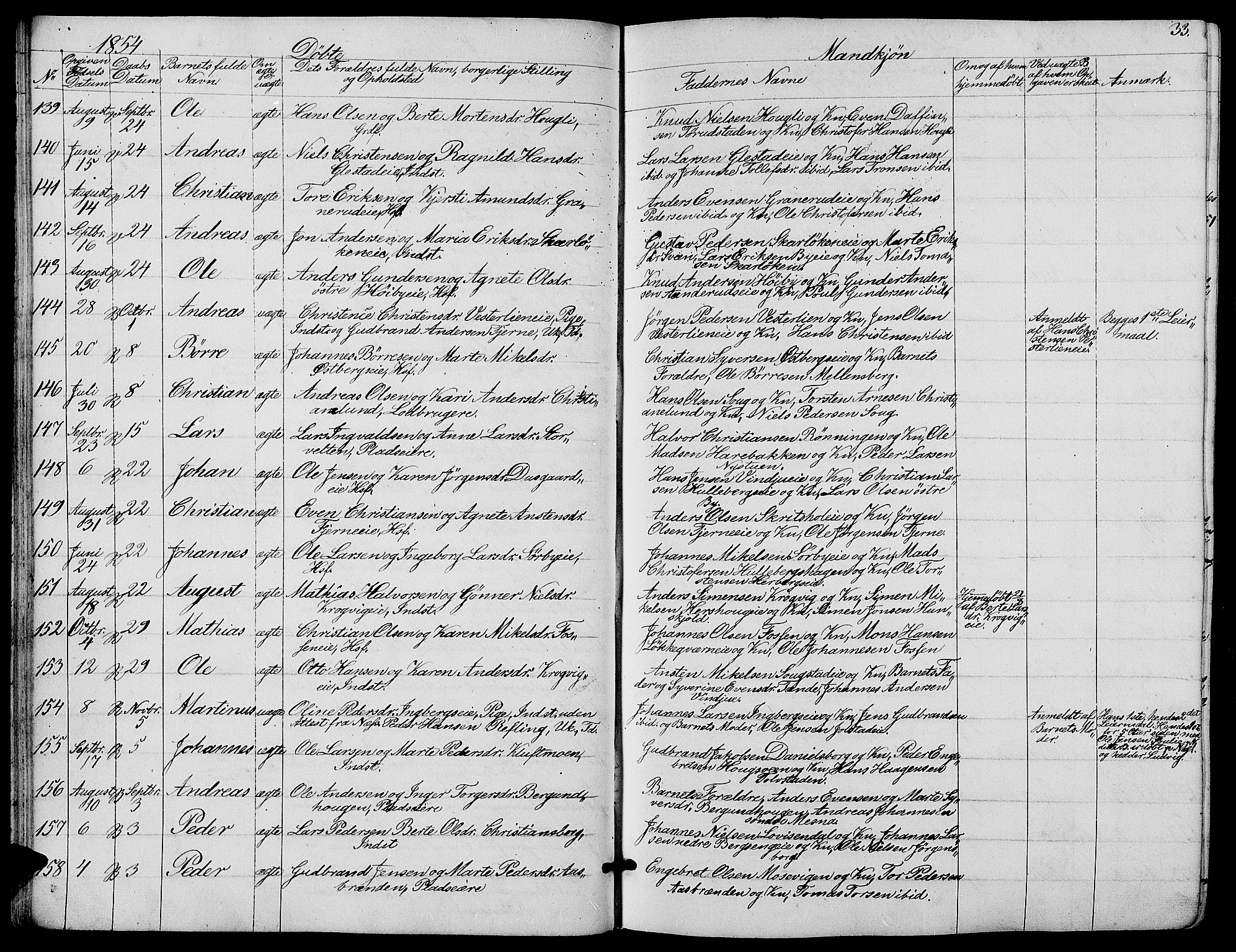 Ringsaker prestekontor, AV/SAH-PREST-014/L/La/L0006: Parish register (copy) no. 6, 1851-1860, p. 33