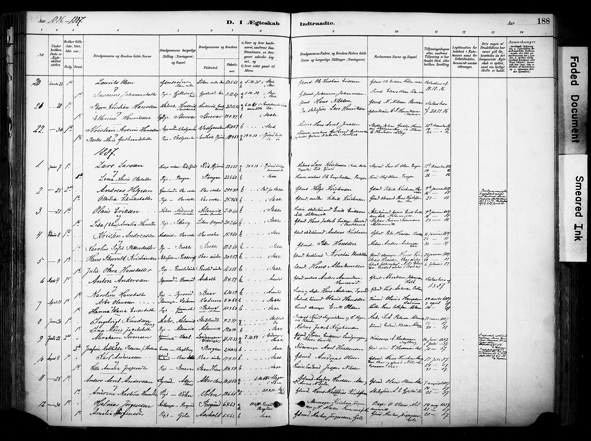 Stokke kirkebøker, SAKO/A-320/F/Fa/L0010: Parish register (official) no. I 10, 1884-1903, p. 188