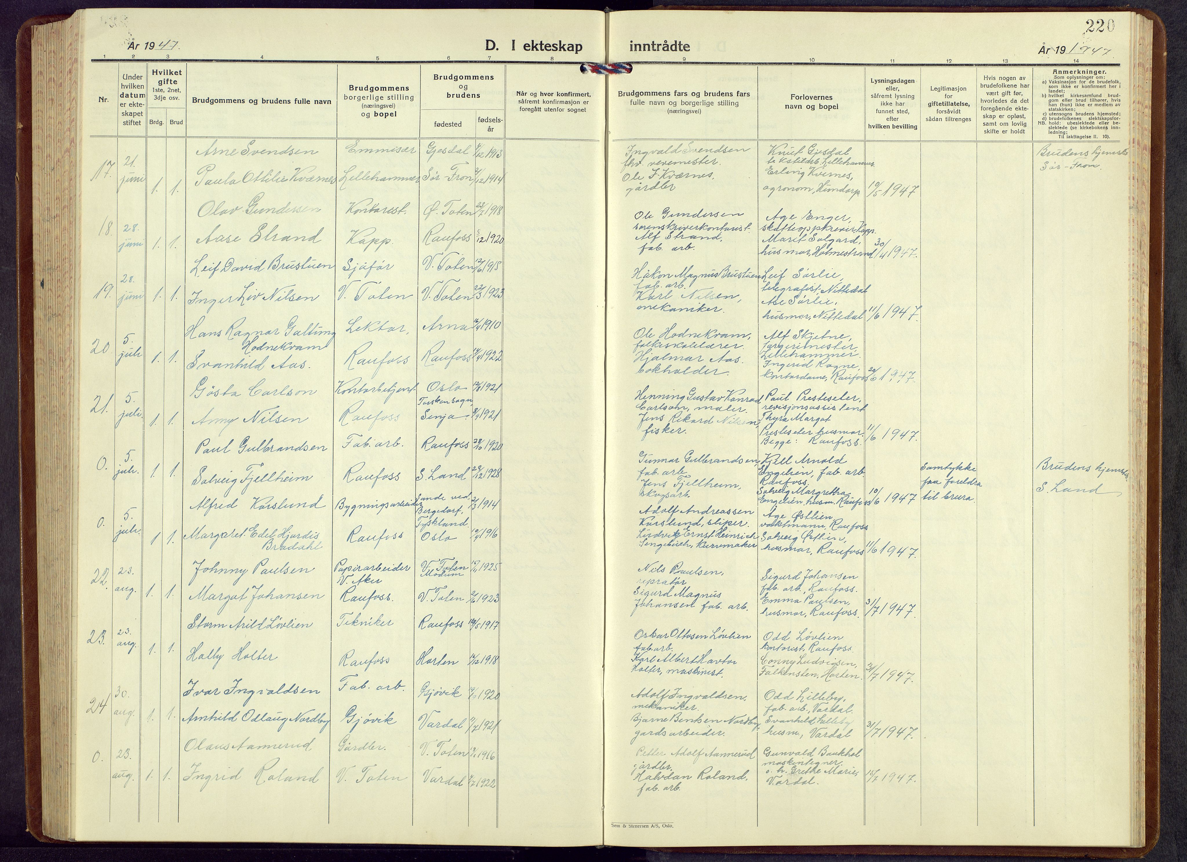 Vestre Toten prestekontor, AV/SAH-PREST-108/H/Ha/Hab/L0013: Parish register (copy) no. 13, 1940-1956, p. 220