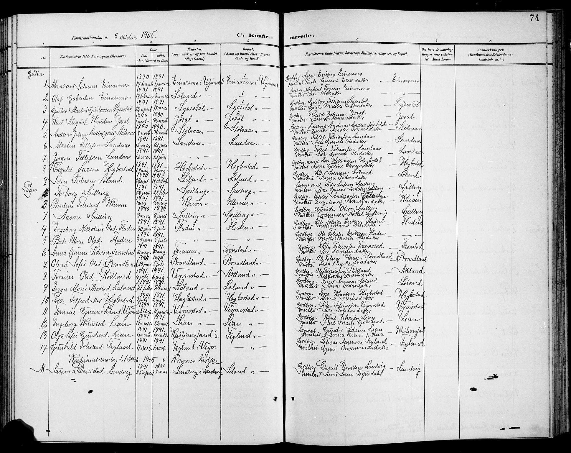 Nord-Audnedal sokneprestkontor, SAK/1111-0032/F/Fb/Fbb/L0004: Parish register (copy) no. B 4, 1901-1917, p. 74