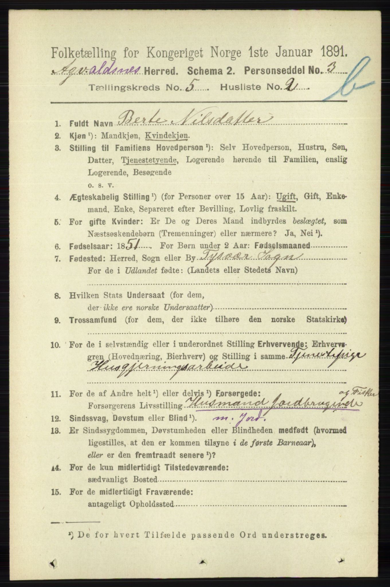 RA, 1891 census for 1147 Avaldsnes, 1891, p. 3028