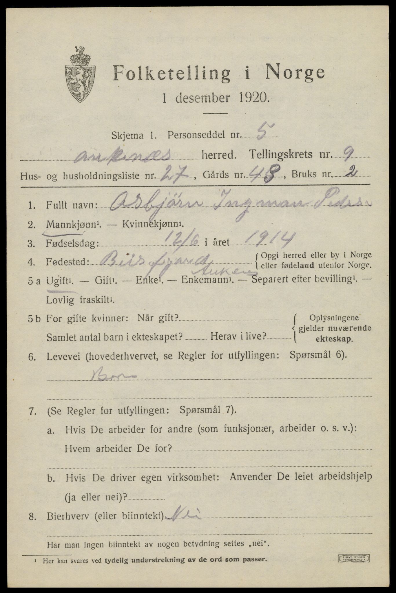 SAT, 1920 census for Ankenes, 1920, p. 4905