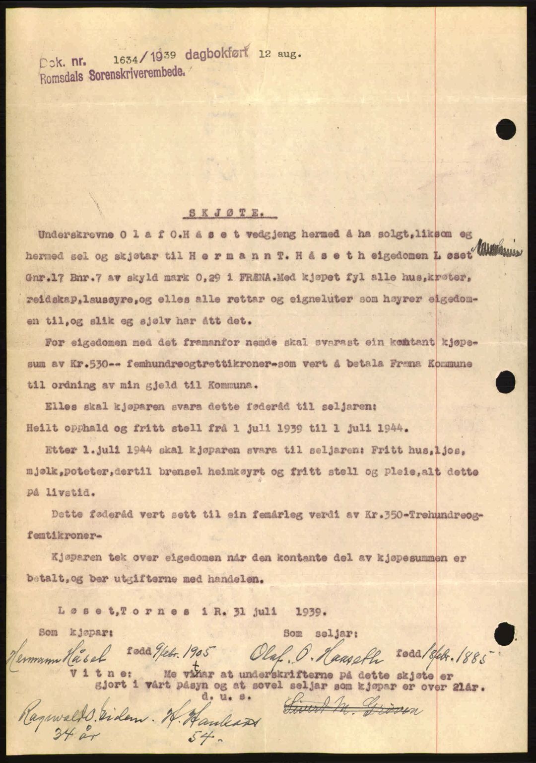 Romsdal sorenskriveri, AV/SAT-A-4149/1/2/2C: Mortgage book no. A7, 1939-1939, Diary no: : 1624/1939