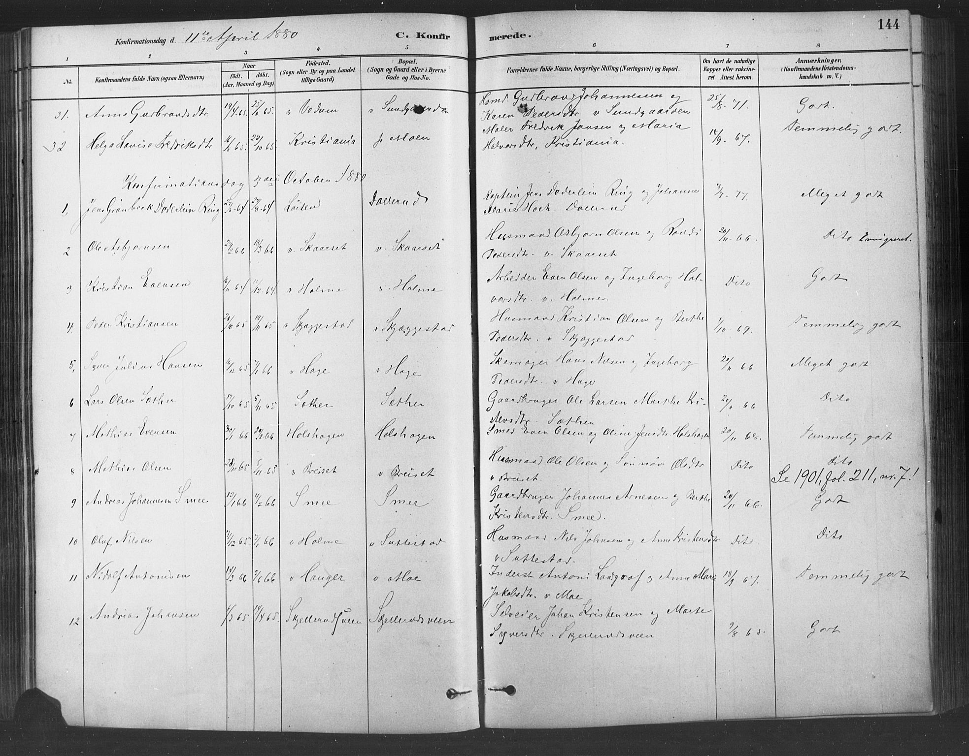 Fåberg prestekontor, AV/SAH-PREST-086/H/Ha/Haa/L0009: Parish register (official) no. 9, 1879-1898, p. 144