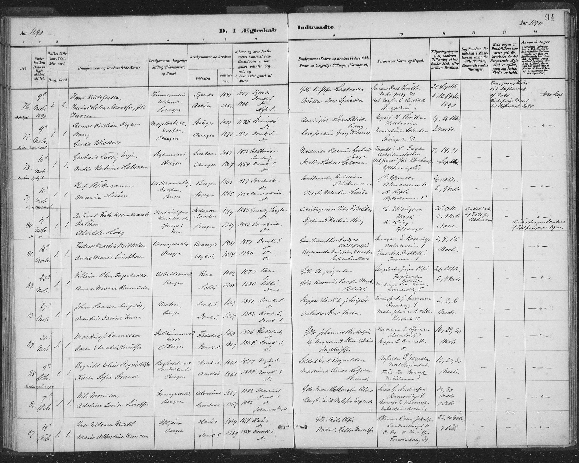 Domkirken sokneprestembete, SAB/A-74801/H/Hab/L0032: Parish register (copy) no. D 4, 1880-1907, p. 94