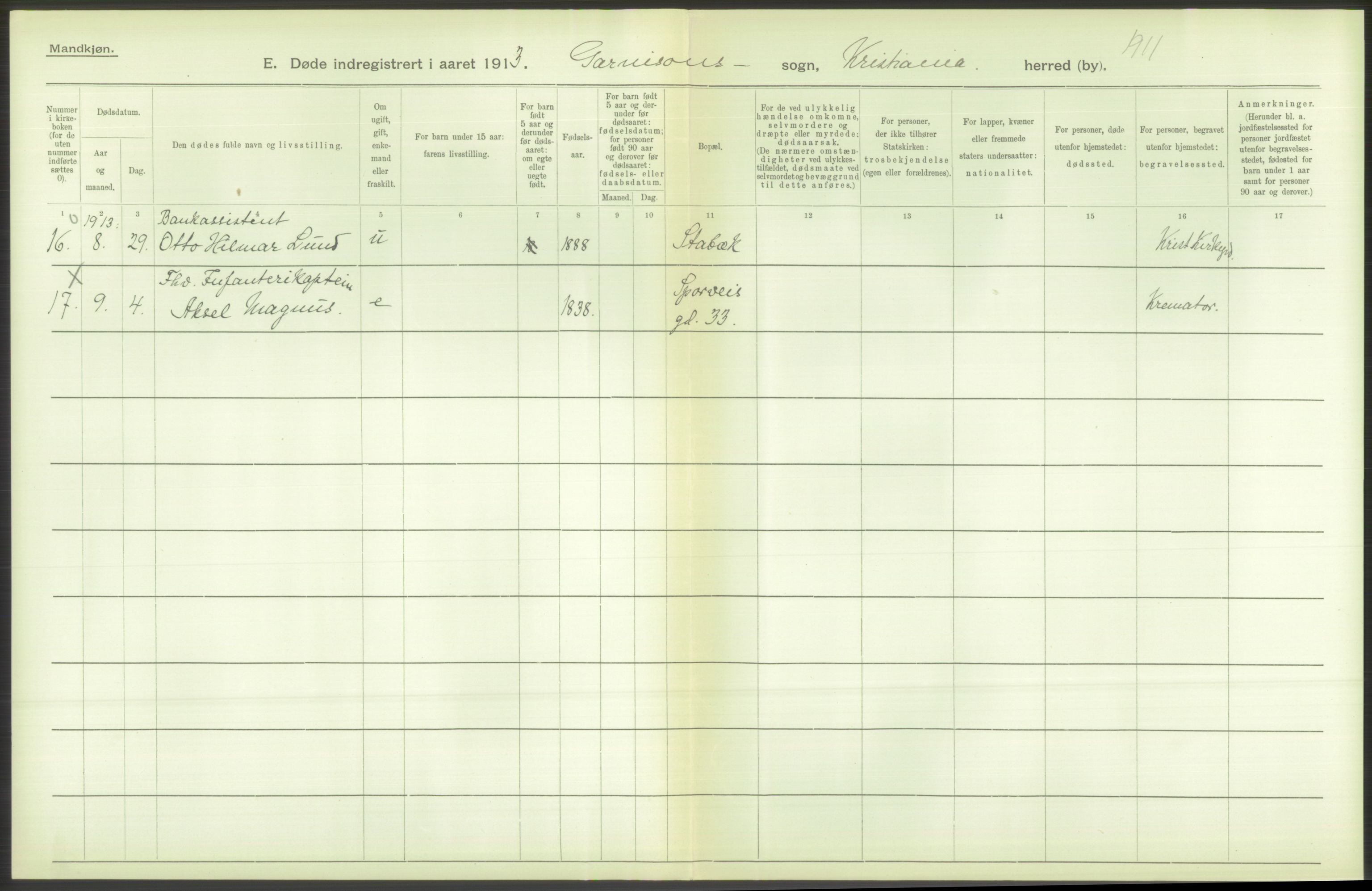 Statistisk sentralbyrå, Sosiodemografiske emner, Befolkning, RA/S-2228/D/Df/Dfb/Dfbc/L0010: Kristiania: Døde, dødfødte., 1913, p. 448