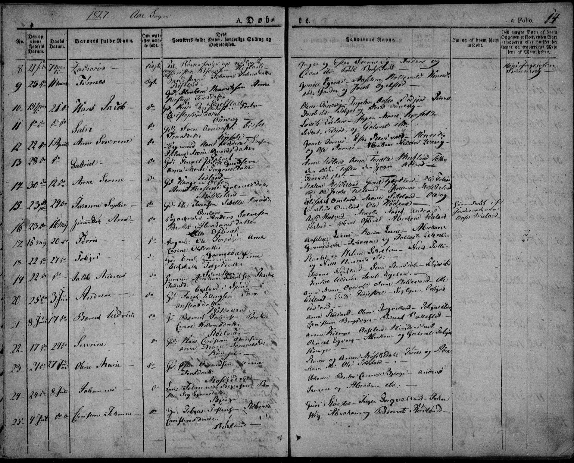 Lyngdal sokneprestkontor, AV/SAK-1111-0029/F/Fa/Fac/L0007: Parish register (official) no. A 7, 1825-1838, p. 14