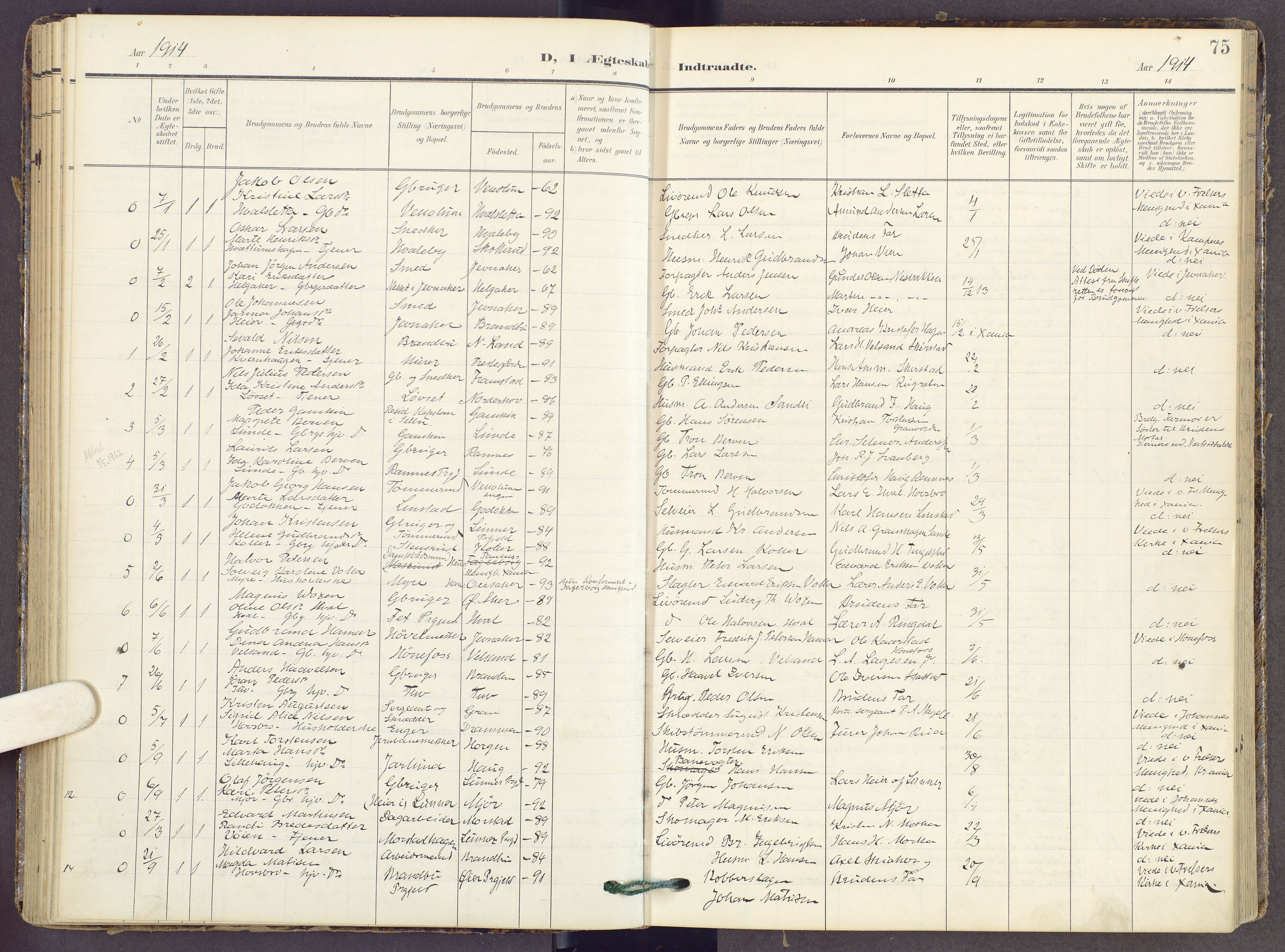 Gran prestekontor, SAH/PREST-112/H/Ha/Haa/L0022: Parish register (official) no. 22, 1908-1918, p. 75