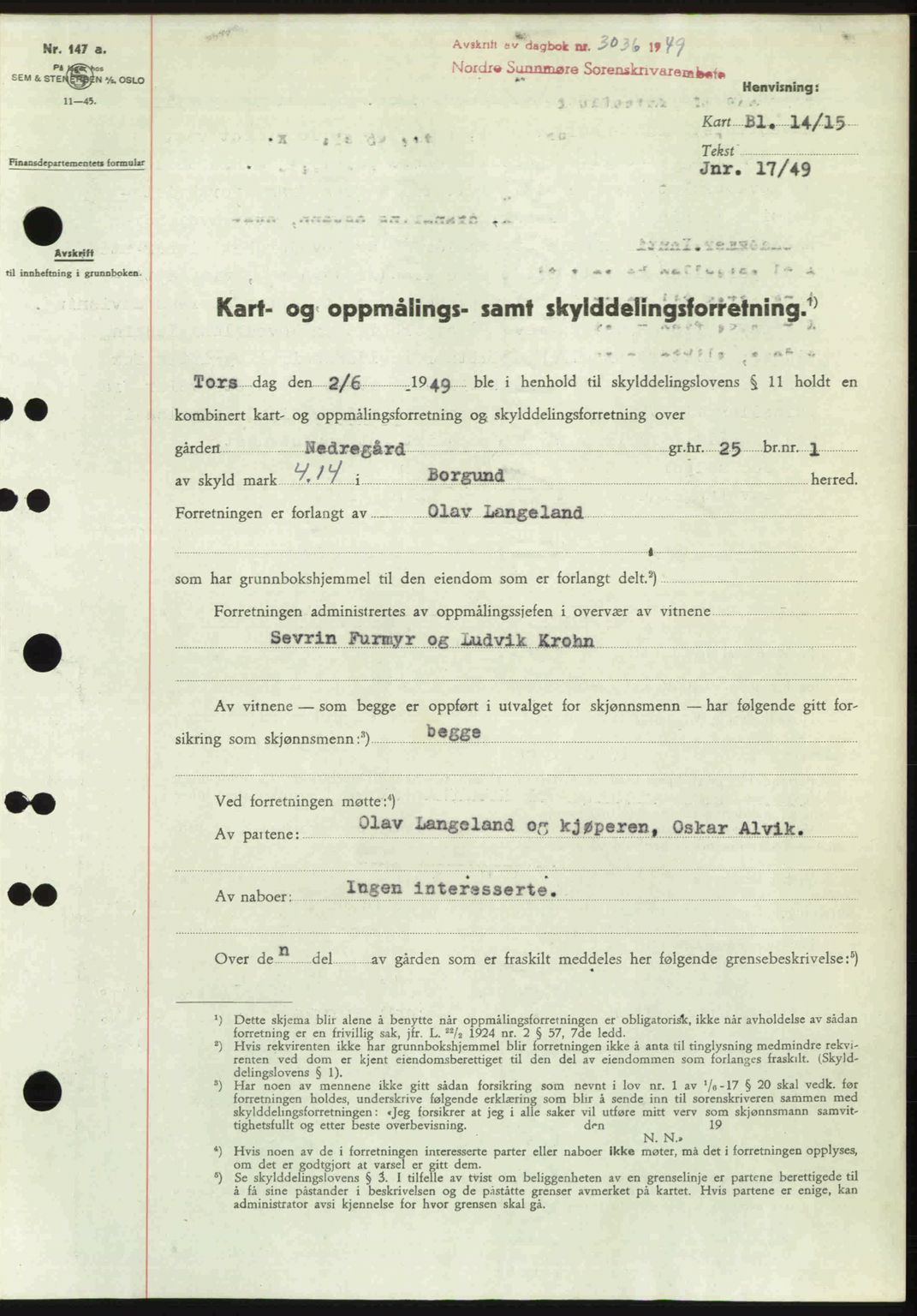 Nordre Sunnmøre sorenskriveri, AV/SAT-A-0006/1/2/2C/2Ca: Mortgage book no. A33, 1949-1950, Diary no: : 3036/1949