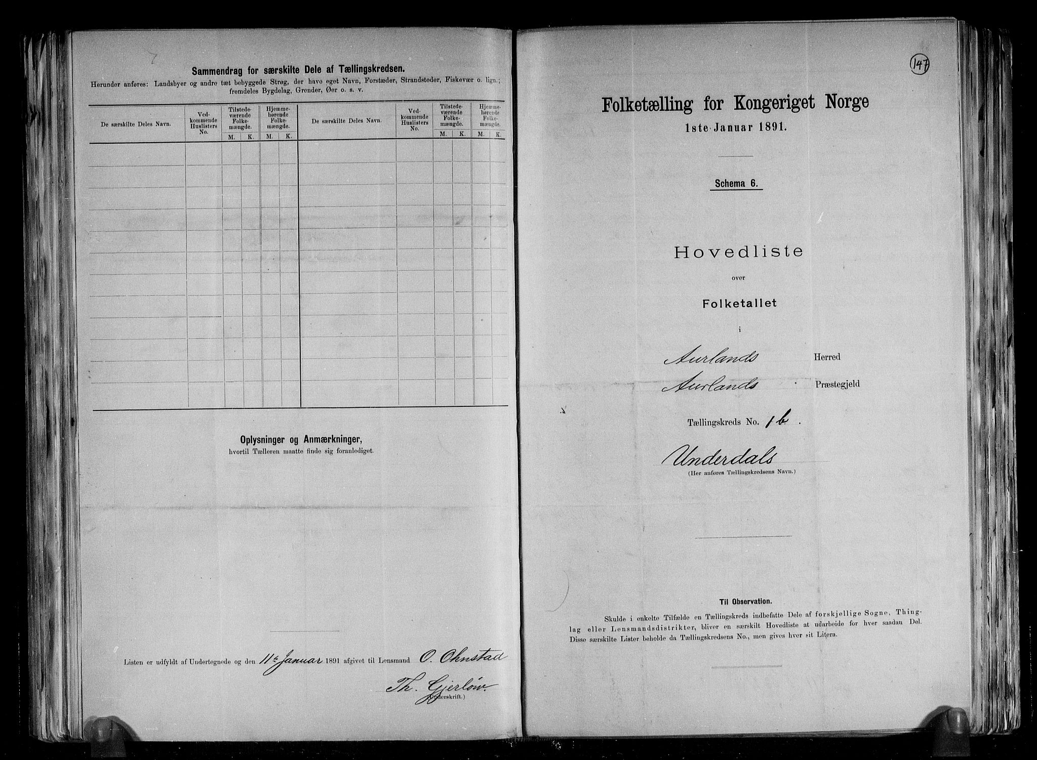 RA, 1891 census for 1421 Aurland, 1891, p. 6