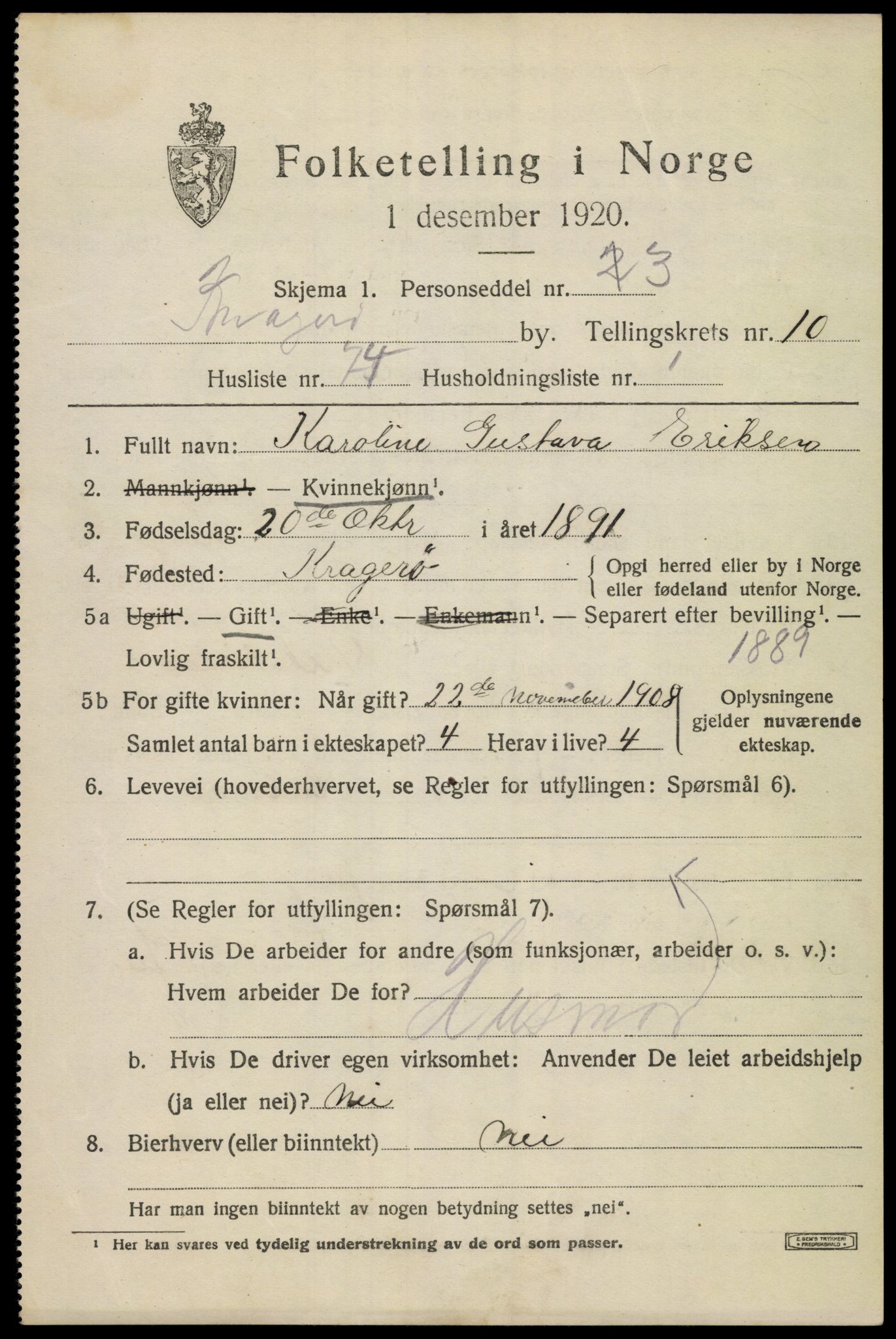 SAKO, 1920 census for Kragerø, 1920, p. 13867