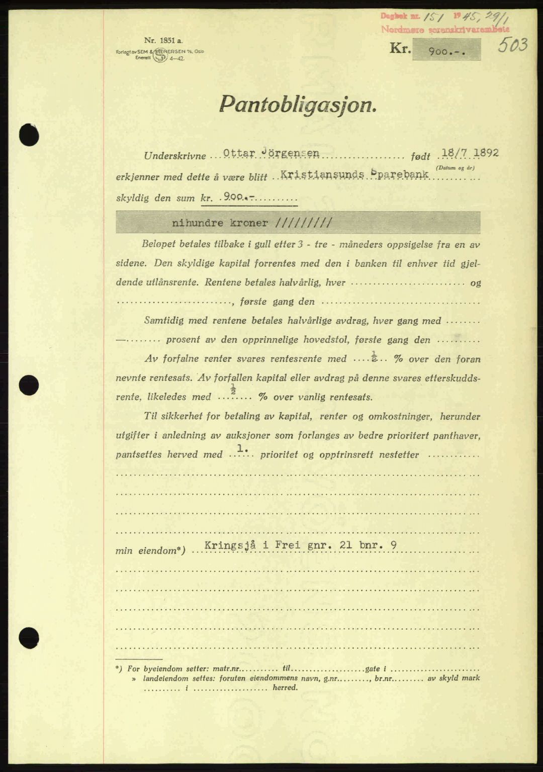 Nordmøre sorenskriveri, AV/SAT-A-4132/1/2/2Ca: Mortgage book no. B92, 1944-1945, Diary no: : 151/1945