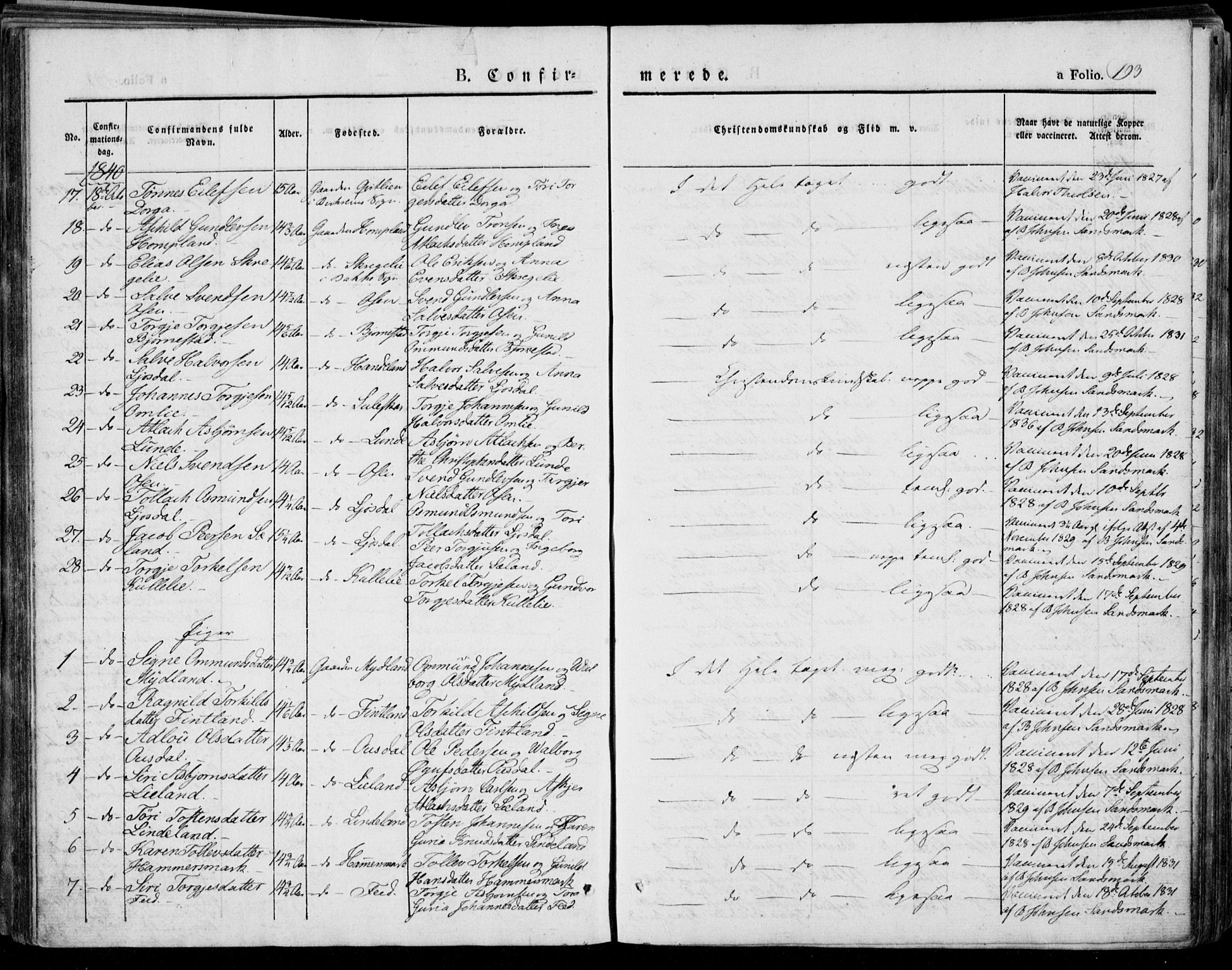 Bakke sokneprestkontor, SAK/1111-0002/F/Fa/Faa/L0004: Parish register (official) no. A 4, 1834-1846, p. 193