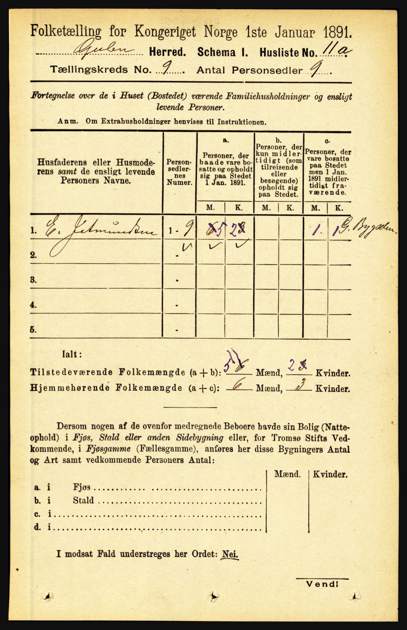 RA, 1891 census for 1411 Gulen, 1891, p. 2715