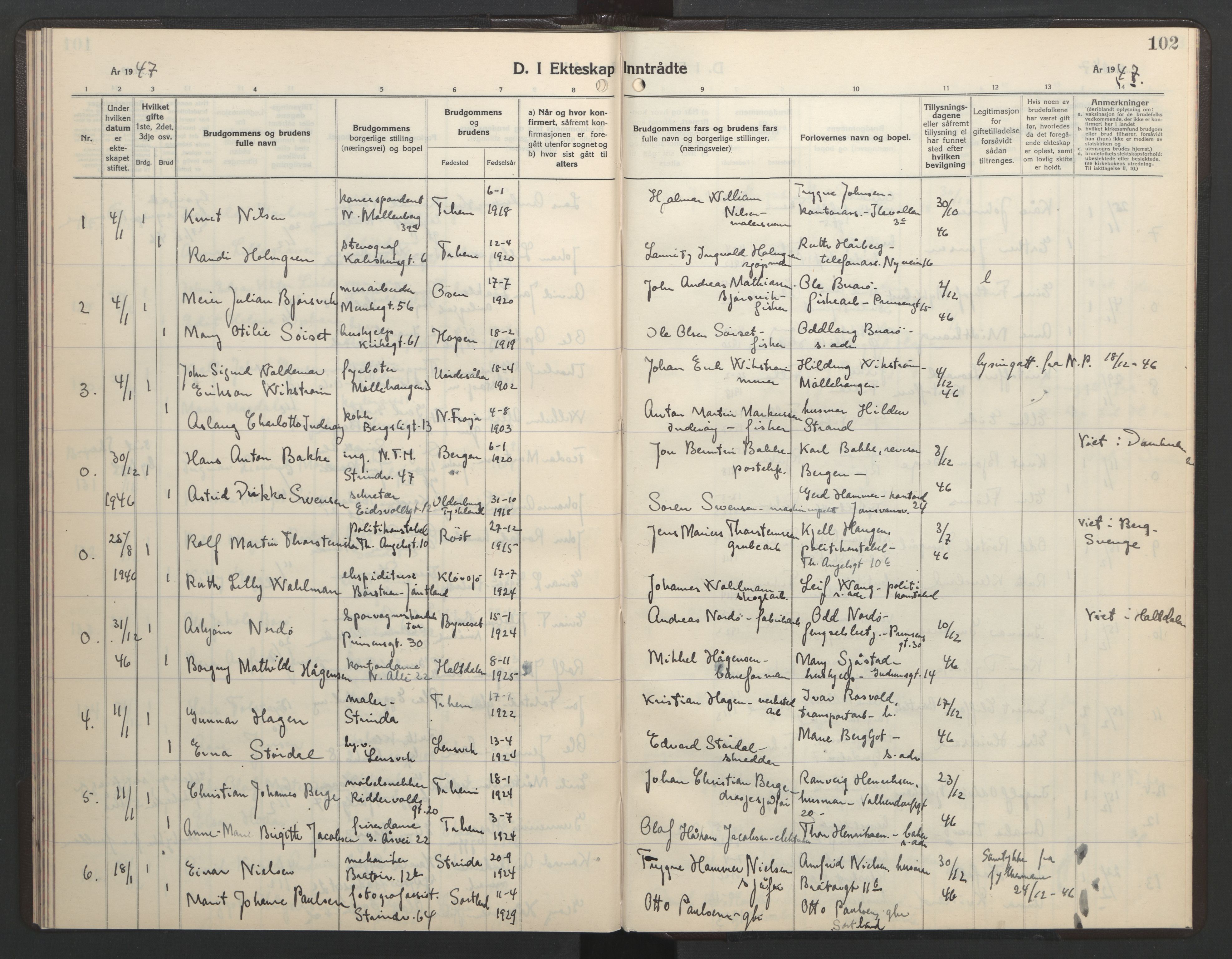 Ministerialprotokoller, klokkerbøker og fødselsregistre - Sør-Trøndelag, SAT/A-1456/602/L0154: Parish register (copy) no. 602C22, 1940-1947, p. 102