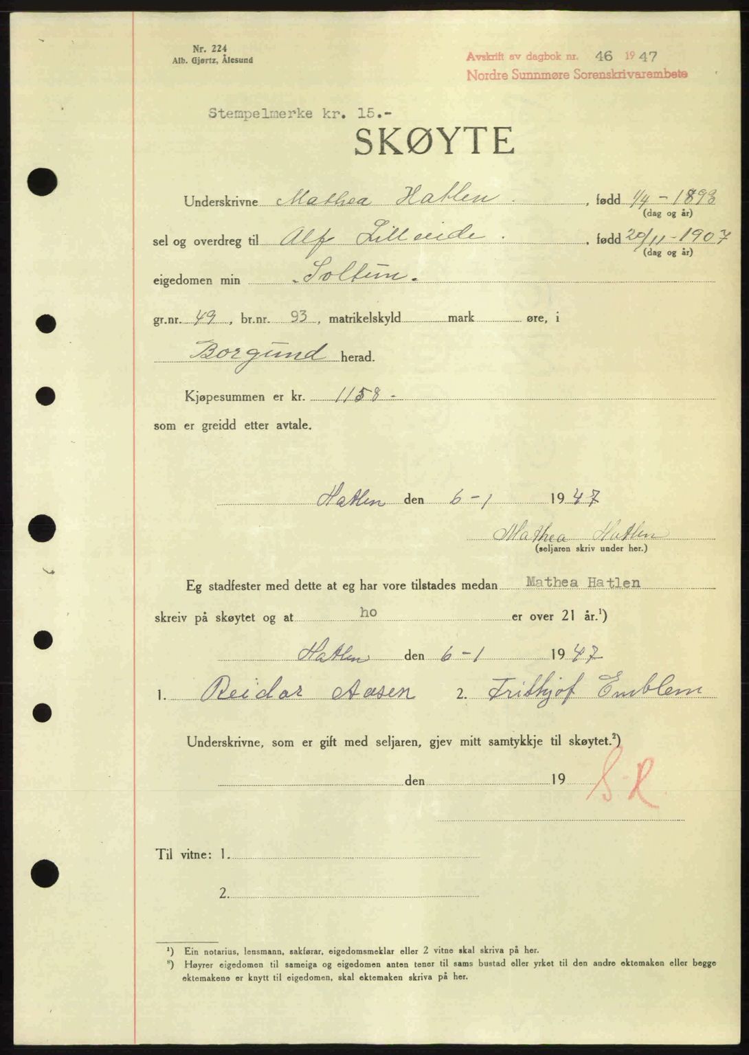 Nordre Sunnmøre sorenskriveri, AV/SAT-A-0006/1/2/2C/2Ca: Mortgage book no. A23, 1946-1947, Diary no: : 46/1947