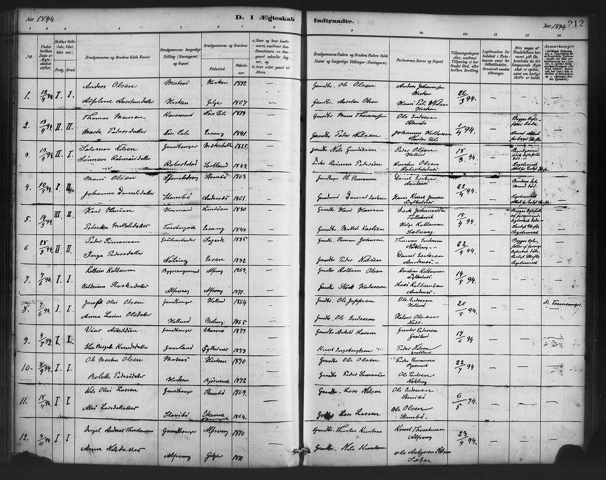 Finnås sokneprestembete, SAB/A-99925/H/Ha/Haa/Haac/L0001: Parish register (official) no. C 1, 1881-1894, p. 212