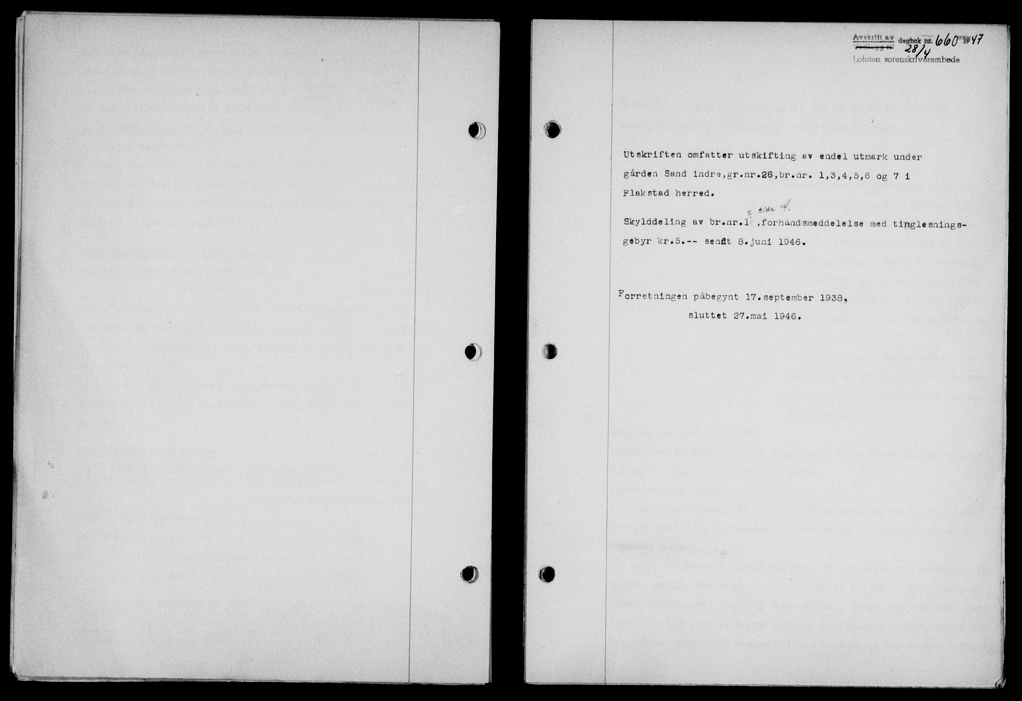 Lofoten sorenskriveri, SAT/A-0017/1/2/2C/L0016a: Mortgage book no. 16a, 1947-1947, Diary no: : 660/1947