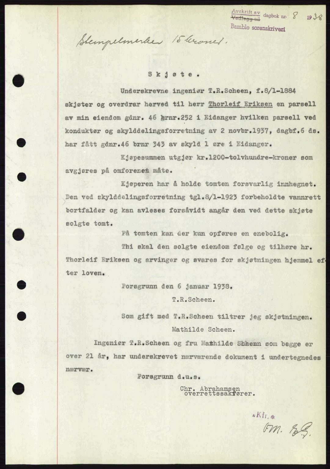 Bamble sorenskriveri, AV/SAKO-A-214/G/Ga/Gag/L0002: Mortgage book no. A-2, 1937-1938, Diary no: : 8/1938