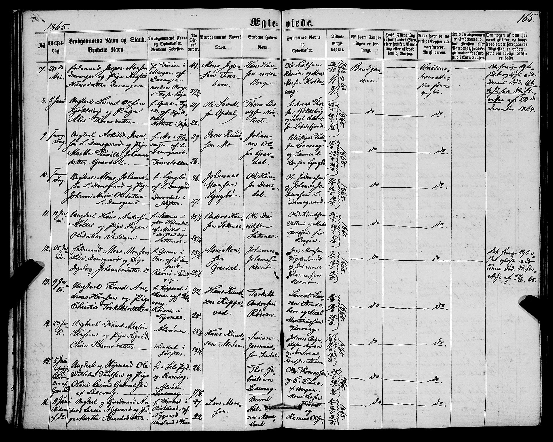 Askøy Sokneprestembete, AV/SAB-A-74101/H/Ha/Haa/Haaa/L0009: Parish register (official) no. A 9, 1863-1877, p. 165