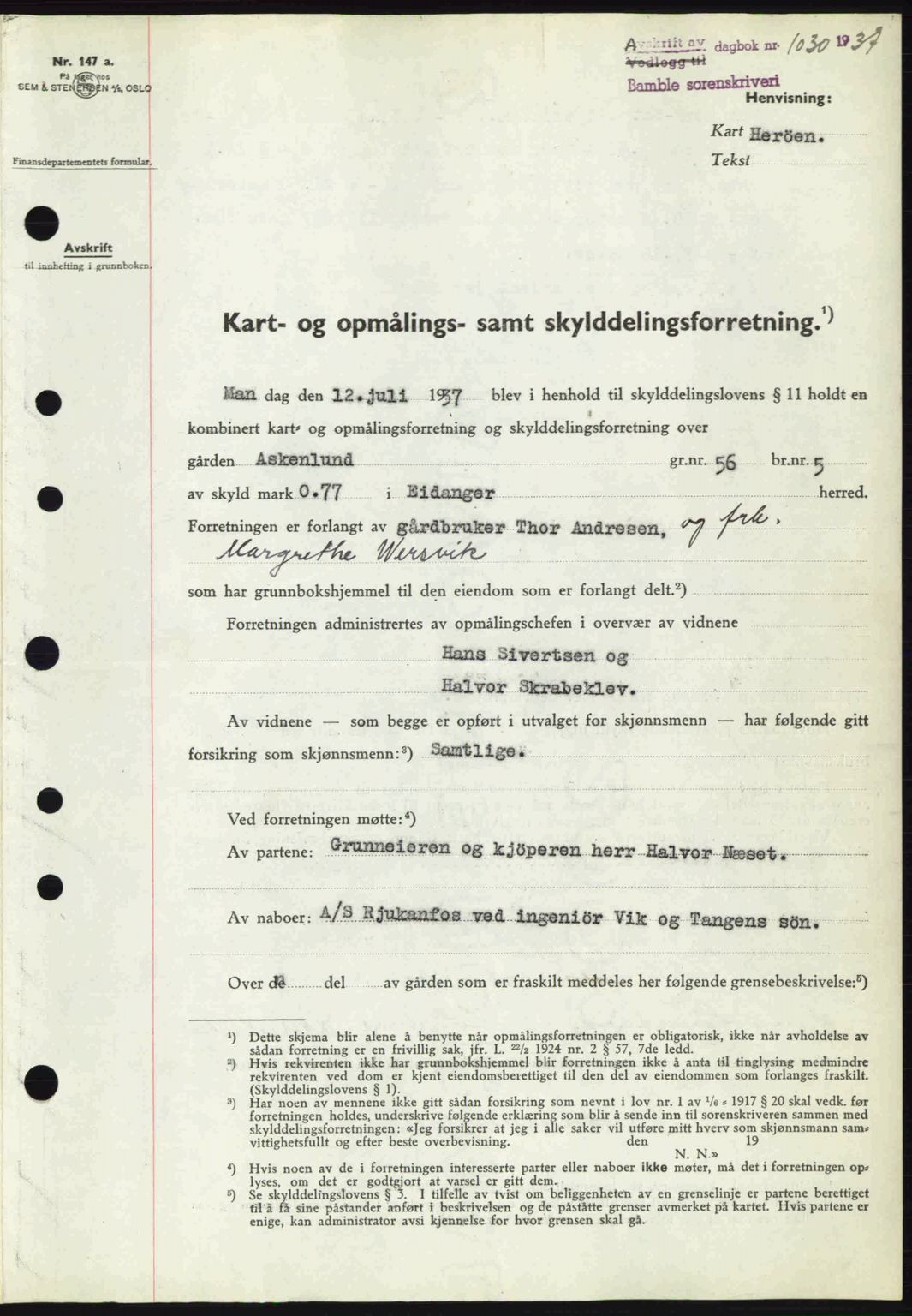 Bamble sorenskriveri, AV/SAKO-A-214/G/Ga/Gag/L0002: Mortgage book no. A-2, 1937-1938, Diary no: : 1030/1937