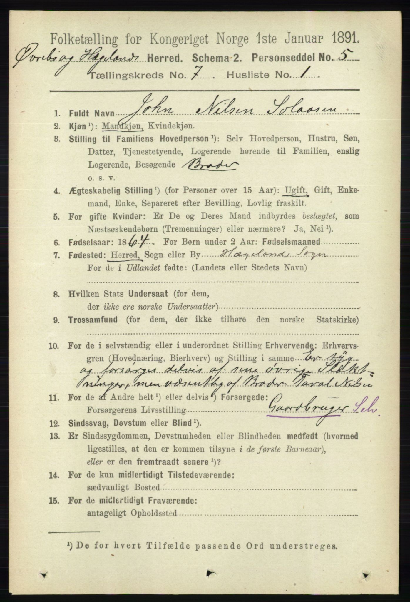 RA, 1891 census for 1016 Øvrebø og Hægeland, 1891, p. 1335