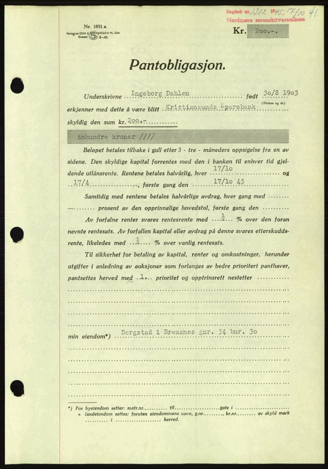 Nordmøre sorenskriveri, AV/SAT-A-4132/1/2/2Ca: Mortgage book no. B93a, 1945-1945, Diary no: : 1312/1945