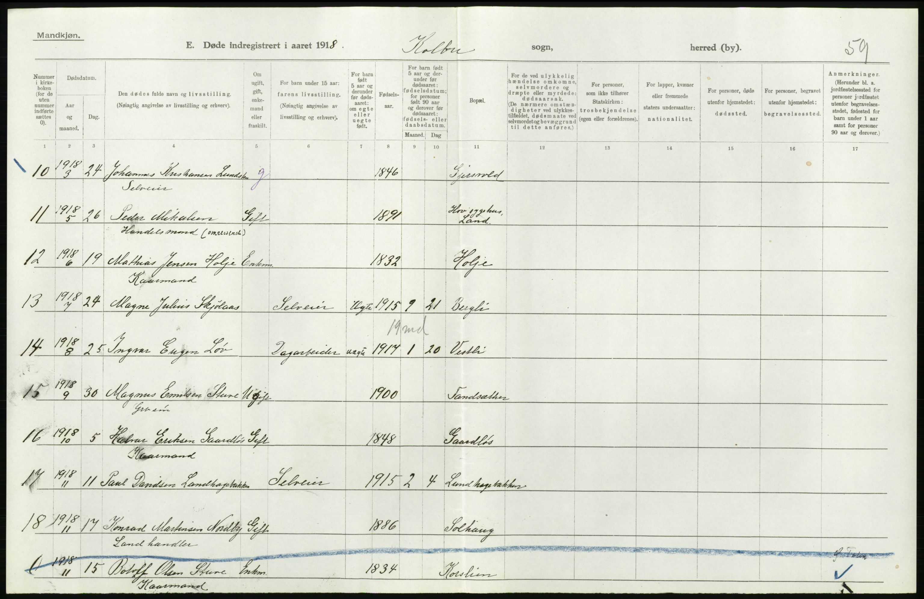 Statistisk sentralbyrå, Sosiodemografiske emner, Befolkning, AV/RA-S-2228/D/Df/Dfb/Dfbh/L0017: Oppland fylke: Døde. Bygder og byer., 1918, p. 378