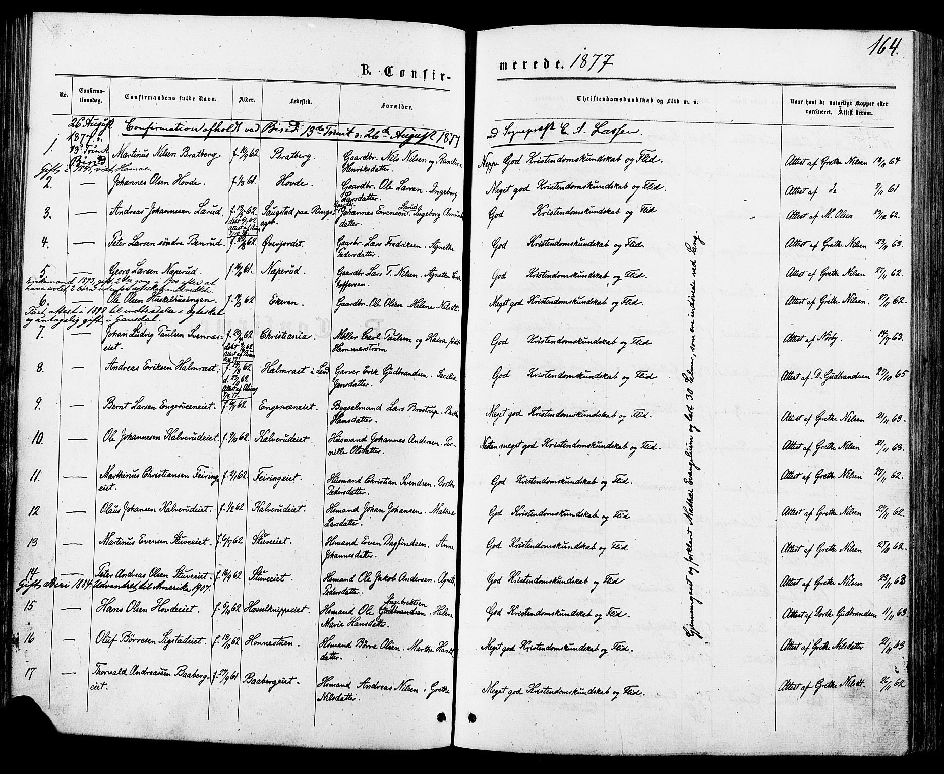 Biri prestekontor, SAH/PREST-096/H/Ha/Haa/L0006: Parish register (official) no. 6, 1877-1886, p. 164