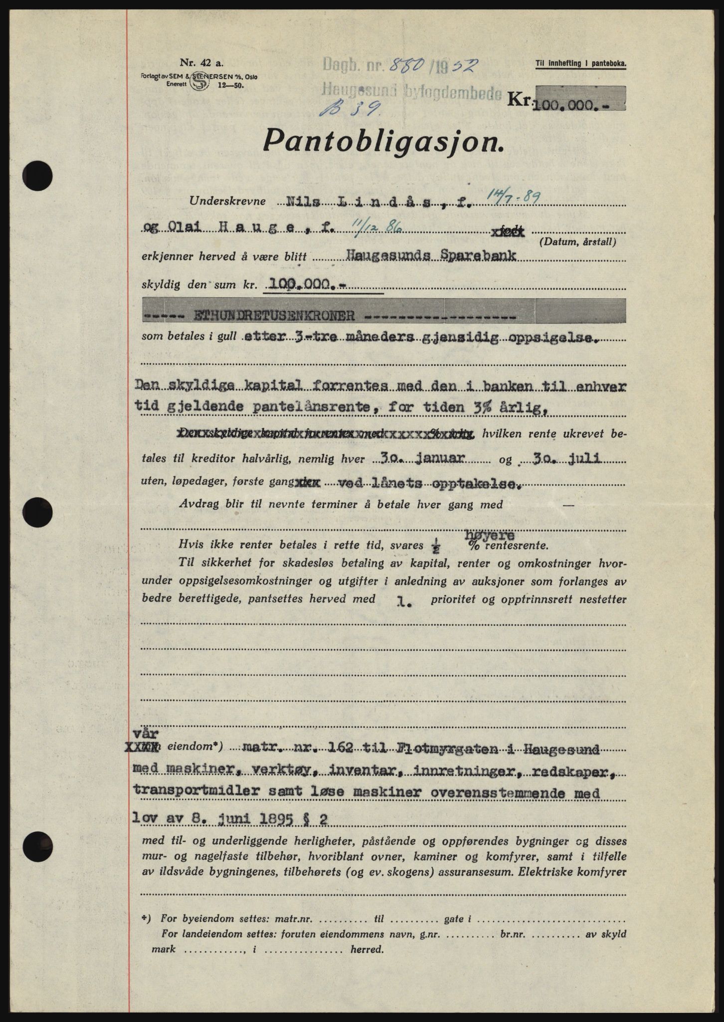 Haugesund tingrett, AV/SAST-A-101415/01/II/IIC/L0039: Mortgage book no. B 39, 1952-1953, Diary no: : 880/1952