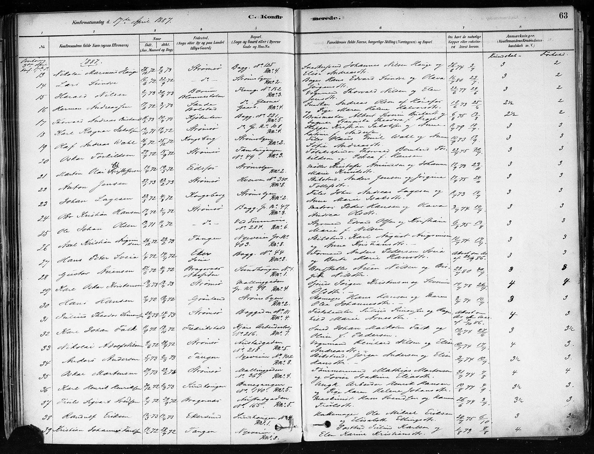 Strømsø kirkebøker, AV/SAKO-A-246/F/Fa/L0022: Parish register (official) no. I 22, 1879-1899, p. 63