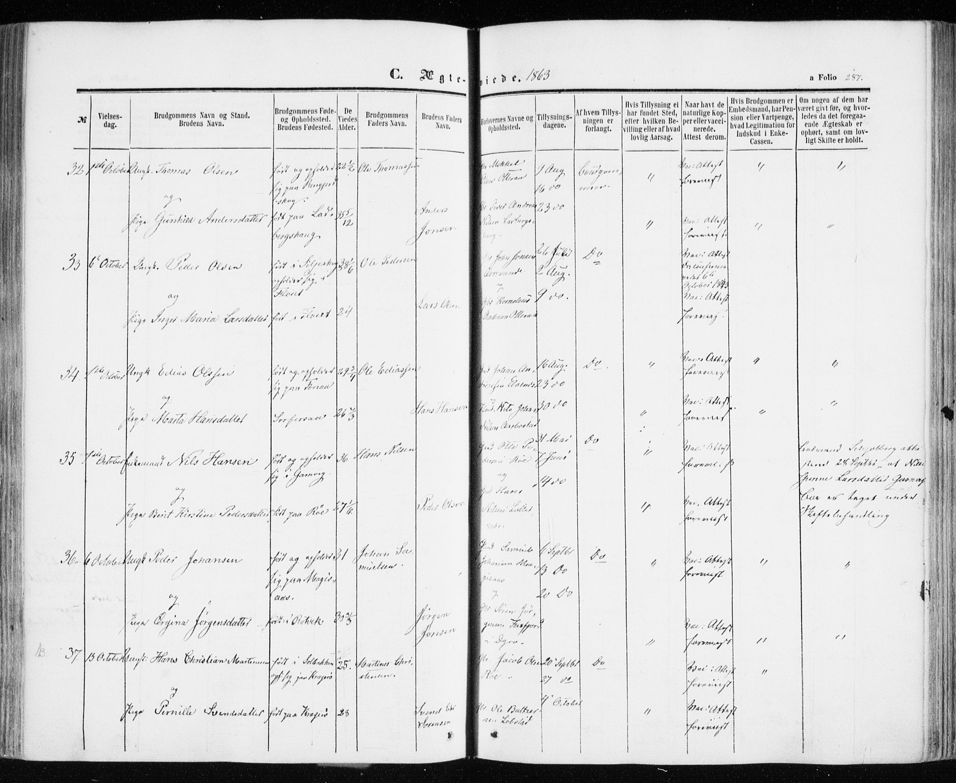 Ibestad sokneprestembete, SATØ/S-0077/H/Ha/Haa/L0009kirke: Parish register (official) no. 9, 1859-1868, p. 287
