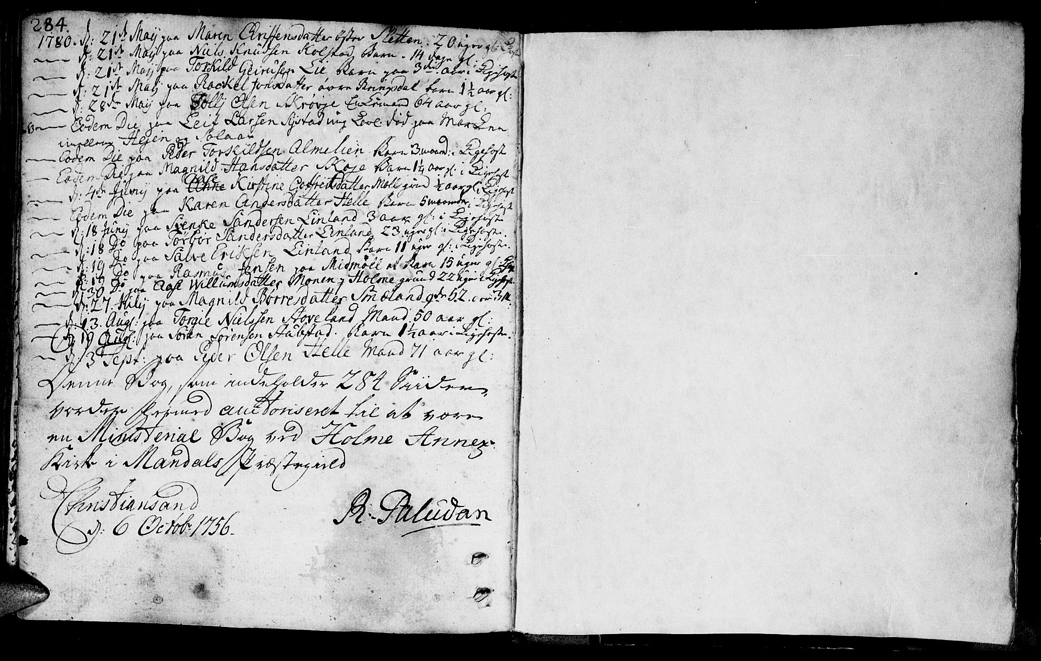 Holum sokneprestkontor, SAK/1111-0022/F/Fa/Faa/L0002: Parish register (official) no. A 2, 1756-1780, p. 284-285