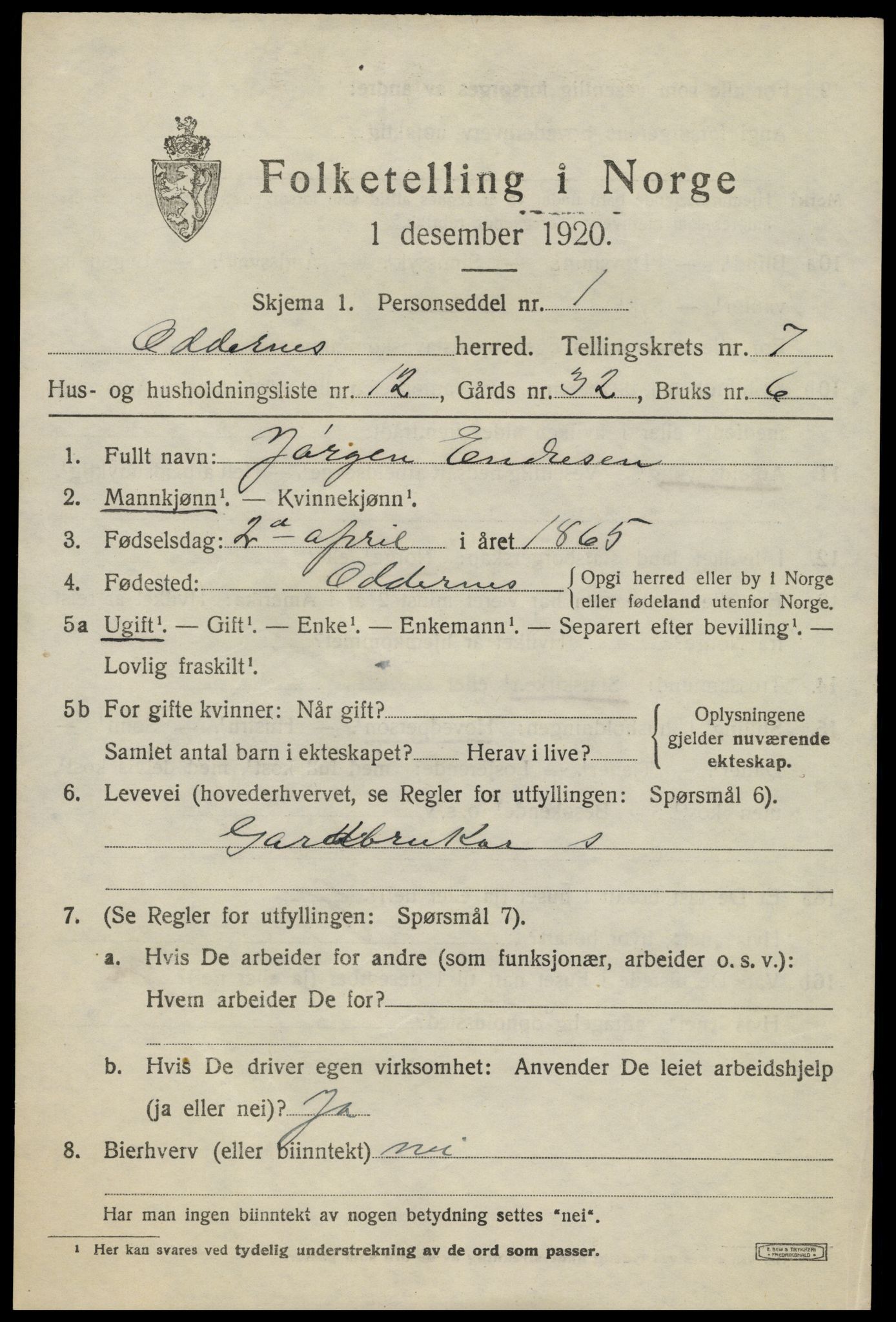SAK, 1920 census for Oddernes, 1920, p. 5443